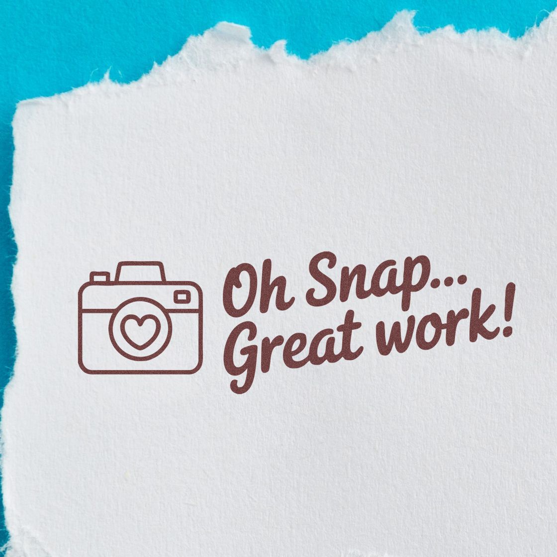 Custom rubber stamp imprint with camera icon and Oh Snap... Great work! message for photo-themed encouragement.