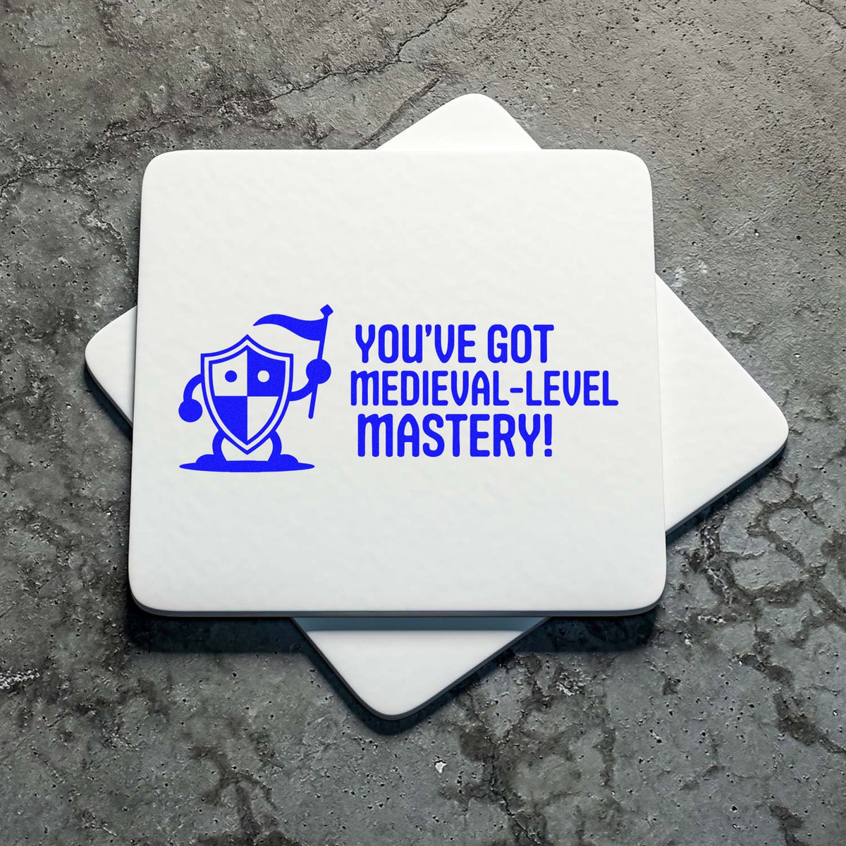 Custom rubber stamp with knight shield and Youve got medieval-level mastery! text for classroom rewards and crafts.