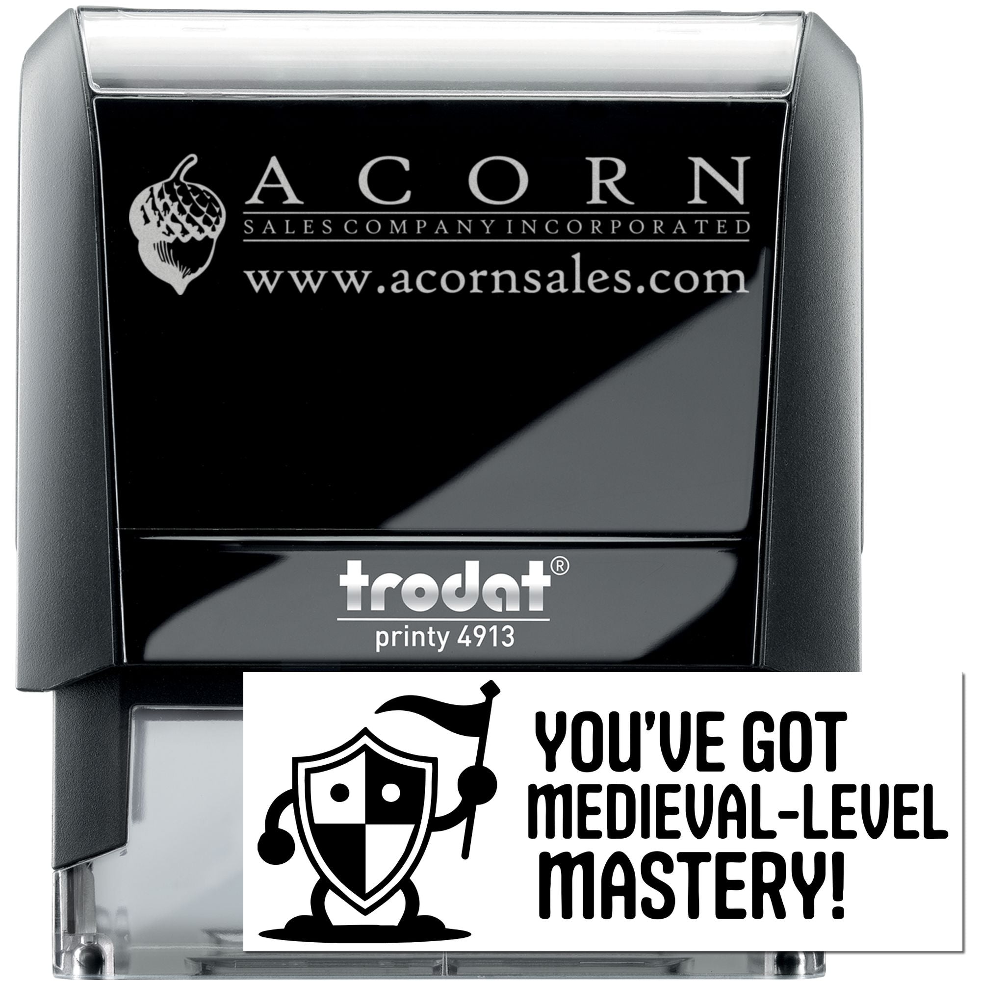 Custom Trodat Printy 4913 self-inking rubber stamp with Acorn Sales logo and website for branded business stamping.