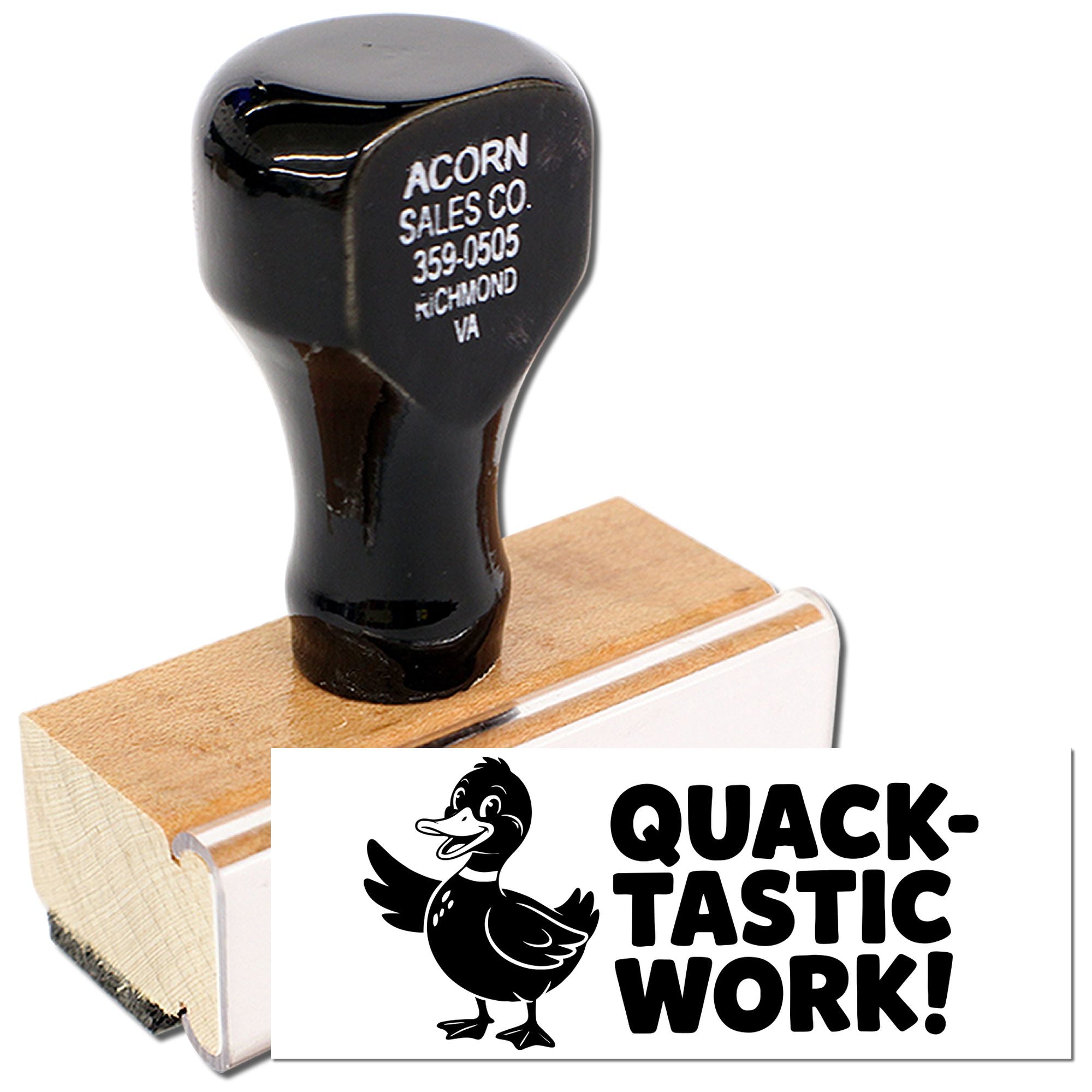 Custom rubber stamp with duck graphic and Quack-Tastic Work message, ideal for teacher feedback and business use.