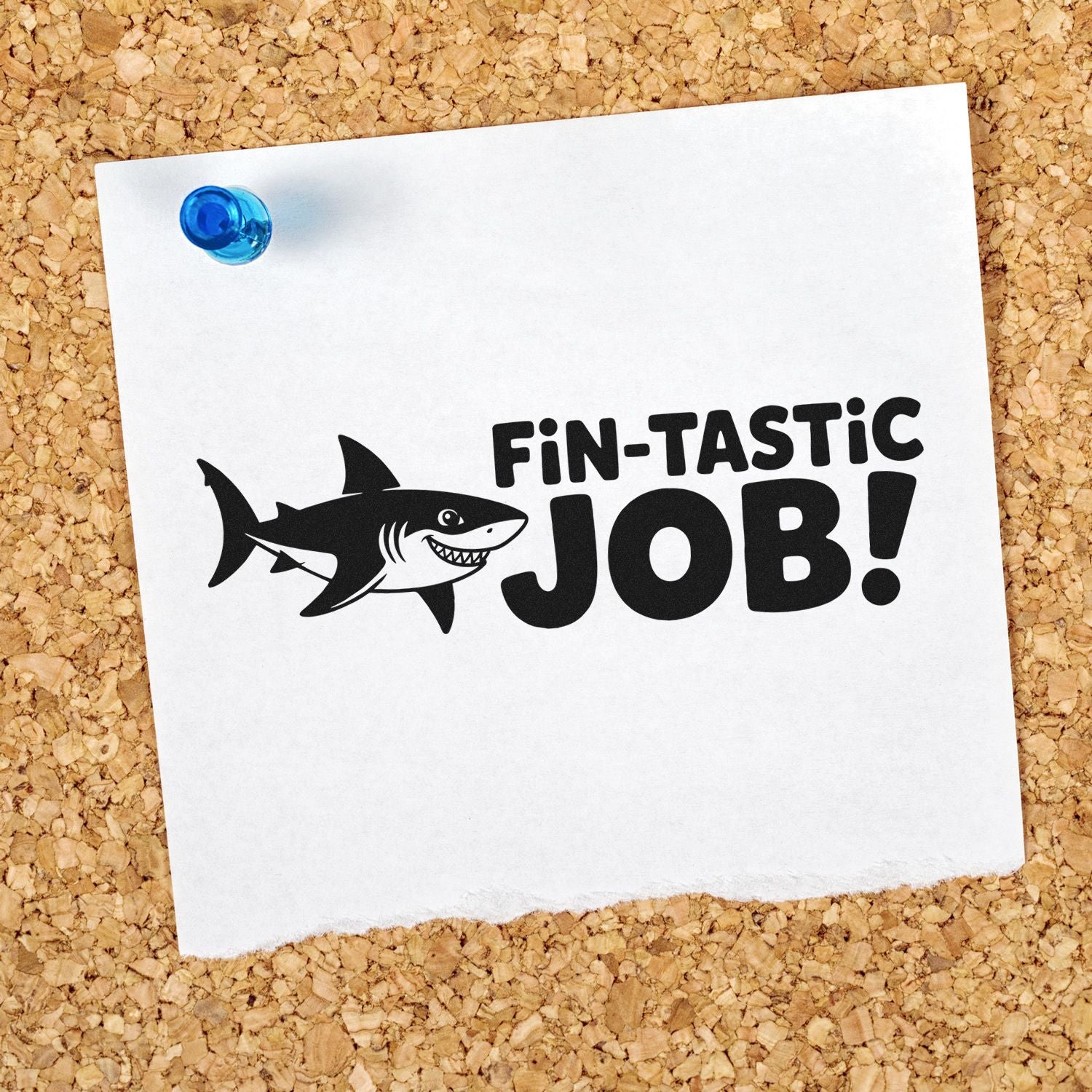 Shark Fin-tastic Job rubber stamp mockup on paper, ideal for teacher rewards, office praise, and fun classroom feedback.