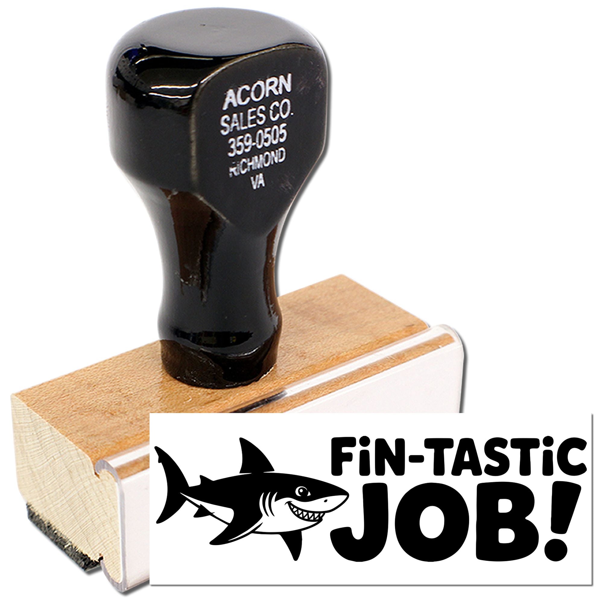 Fin-tastic Job! shark rubber stamp with wood handle for teacher grading, reward notes, and student encouragement.