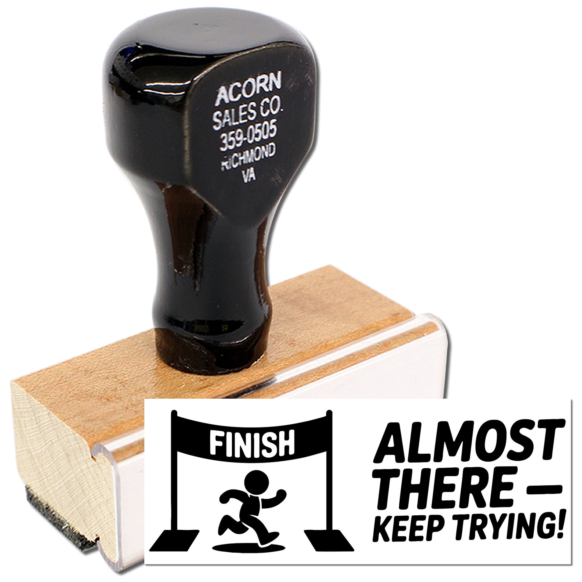 Wood-mounted motivational rubber stamp with Almost ThereKeep Trying! and finish line runner design for classroom rewards.