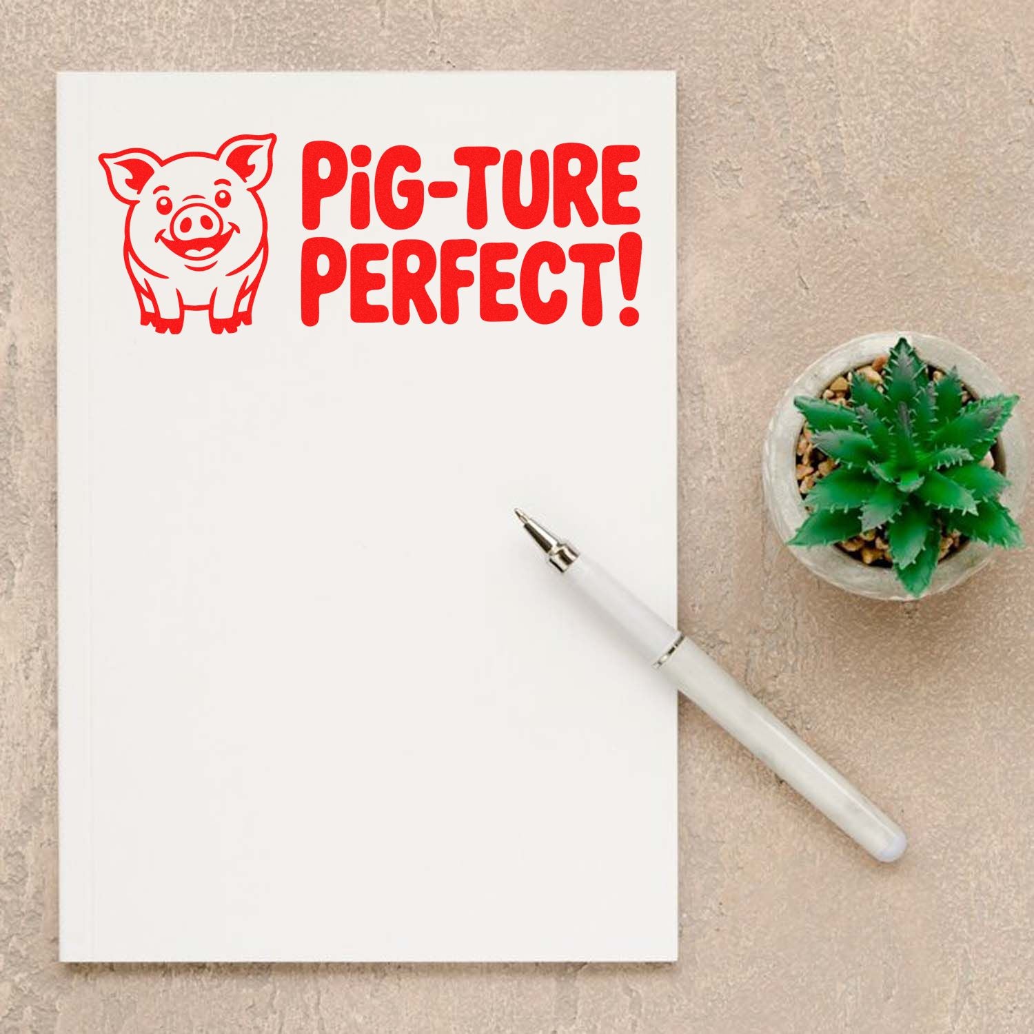 Pig-ture Perfect pig rubber stamp impression on notebook, ideal for planners, crafts, and farm-themed projects.
