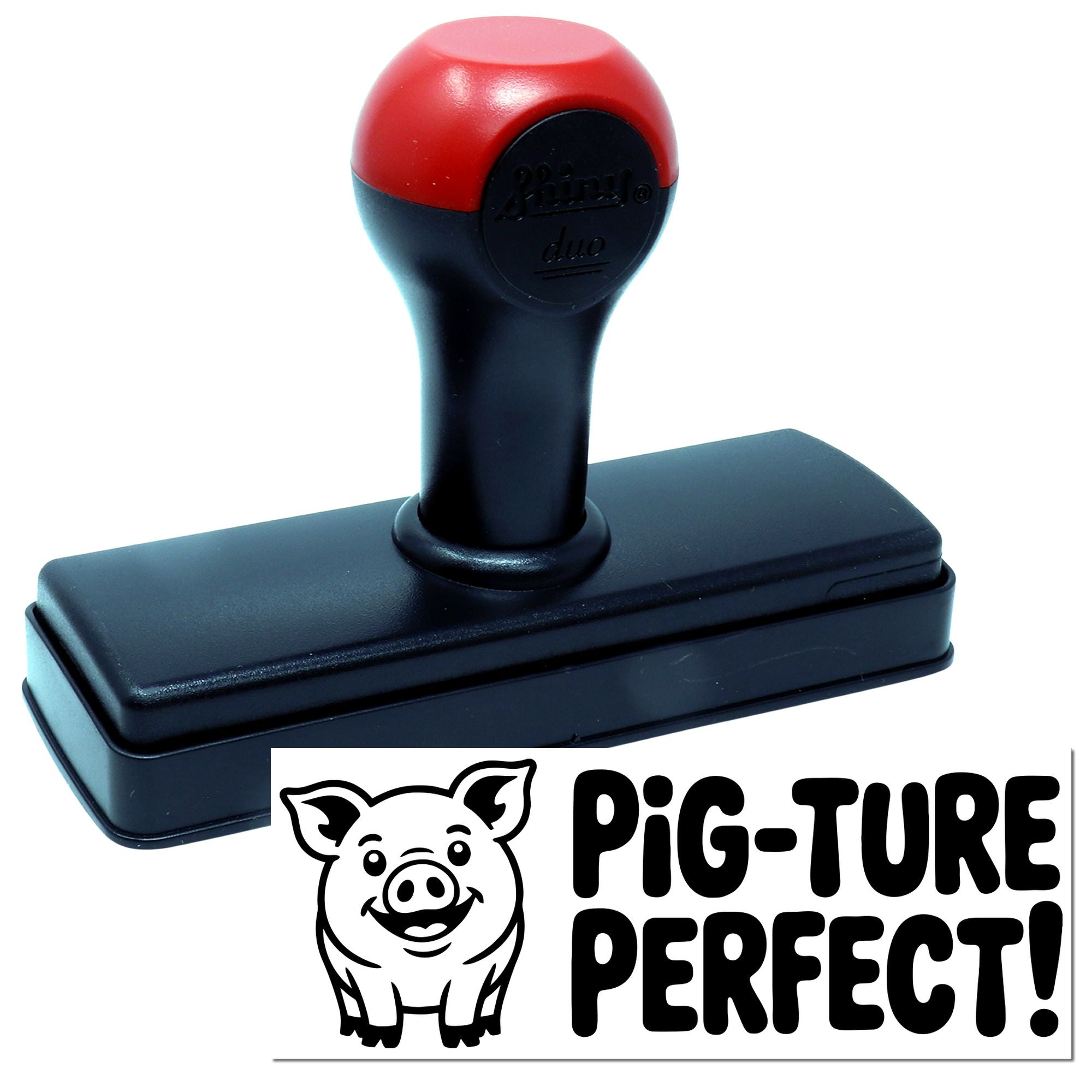 Pig-Ture Perfect custom rubber stamp with pig graphic for crafting, branding, and personalized stamping projects.