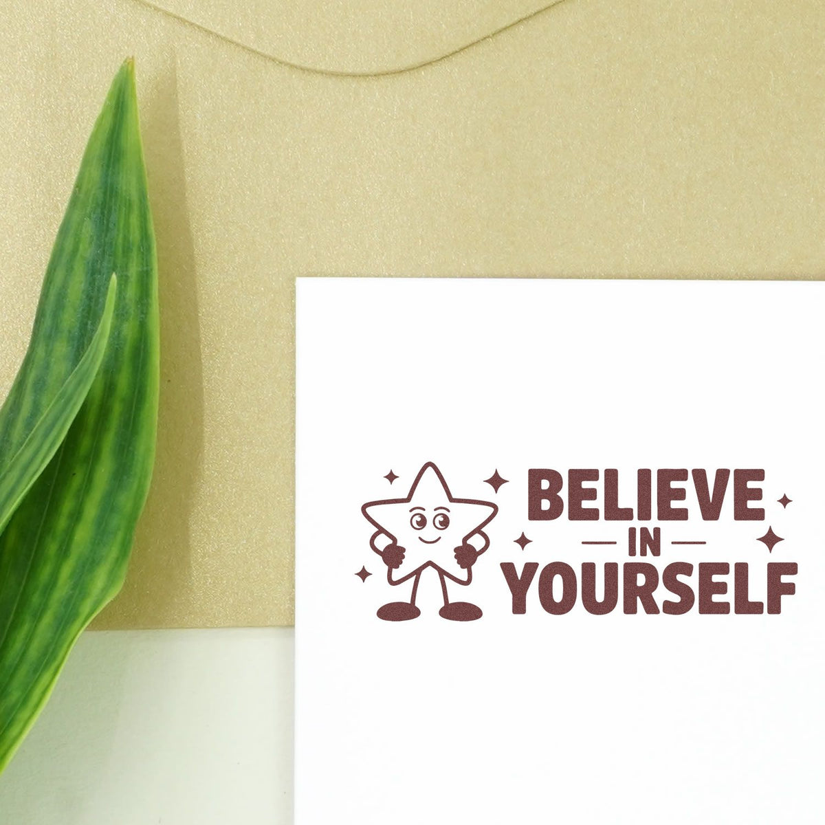 Believe in Yourself rubber stamp design featuring smiling star mascot for motivational cards, scrapbooking, and crafts.