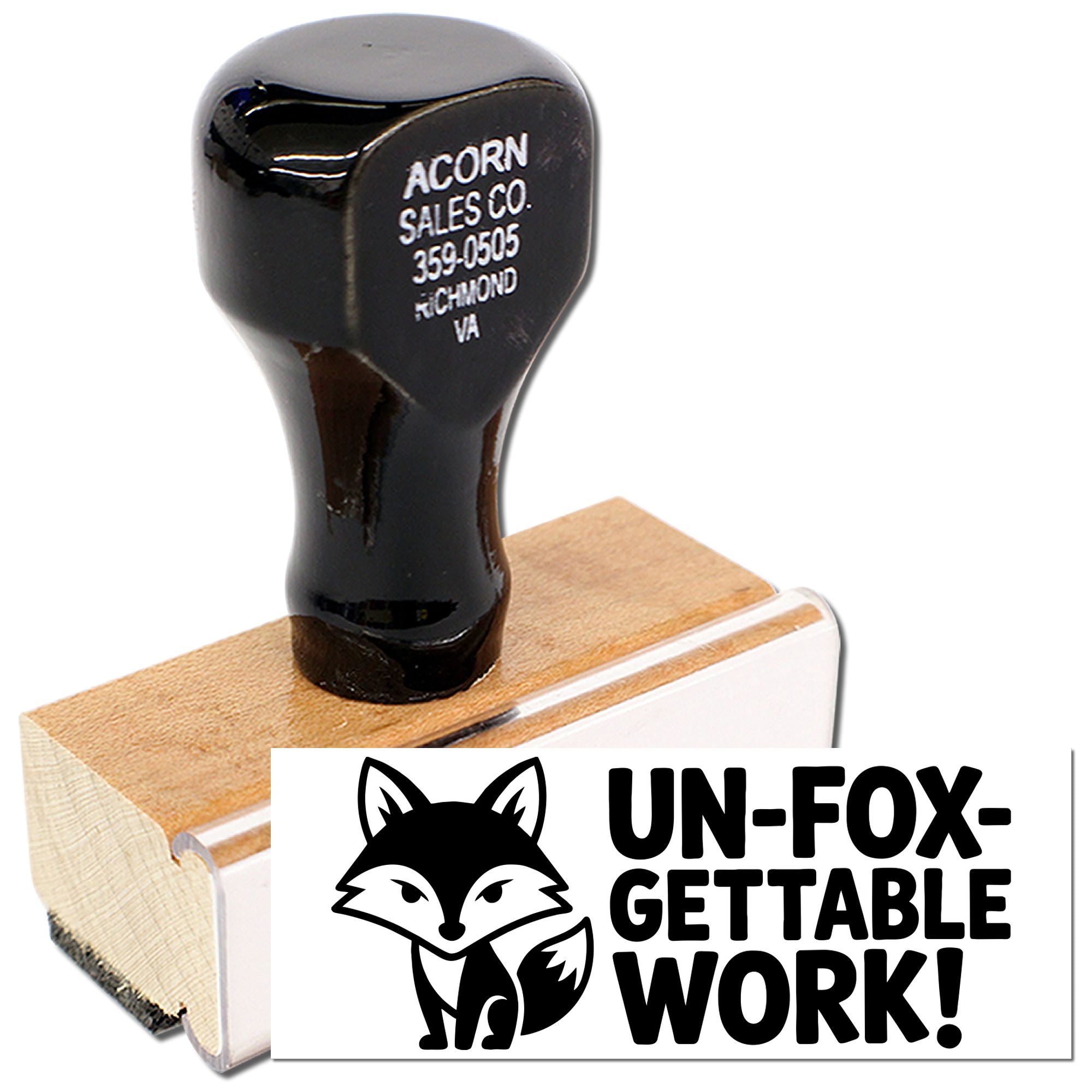 Custom rubber stamp with fox logo and Un-fox-gettable Work! slogan for branded business marketing.