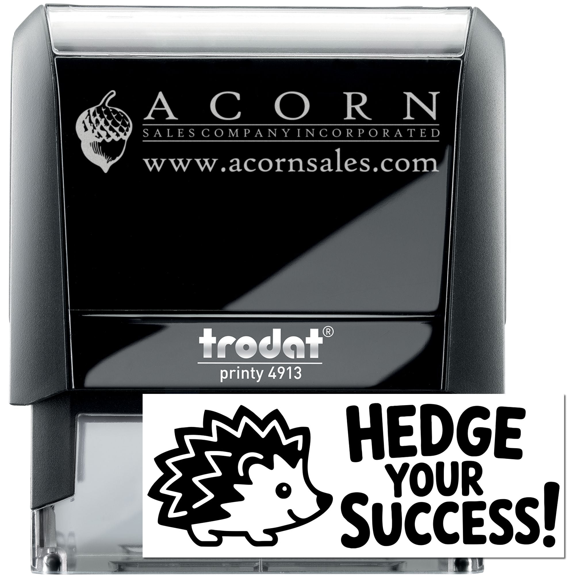 Custom self-inking rubber stamp by Trodat Printy 4913 with Acorn Sales logo, website, and hedgehog success sample.
