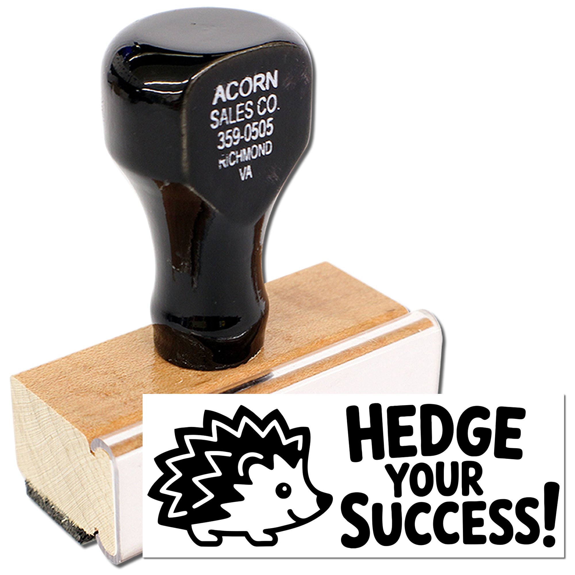 Custom rubber stamp with hedgehog logo and Hedge Your Success! slogan for business branding and promotions.