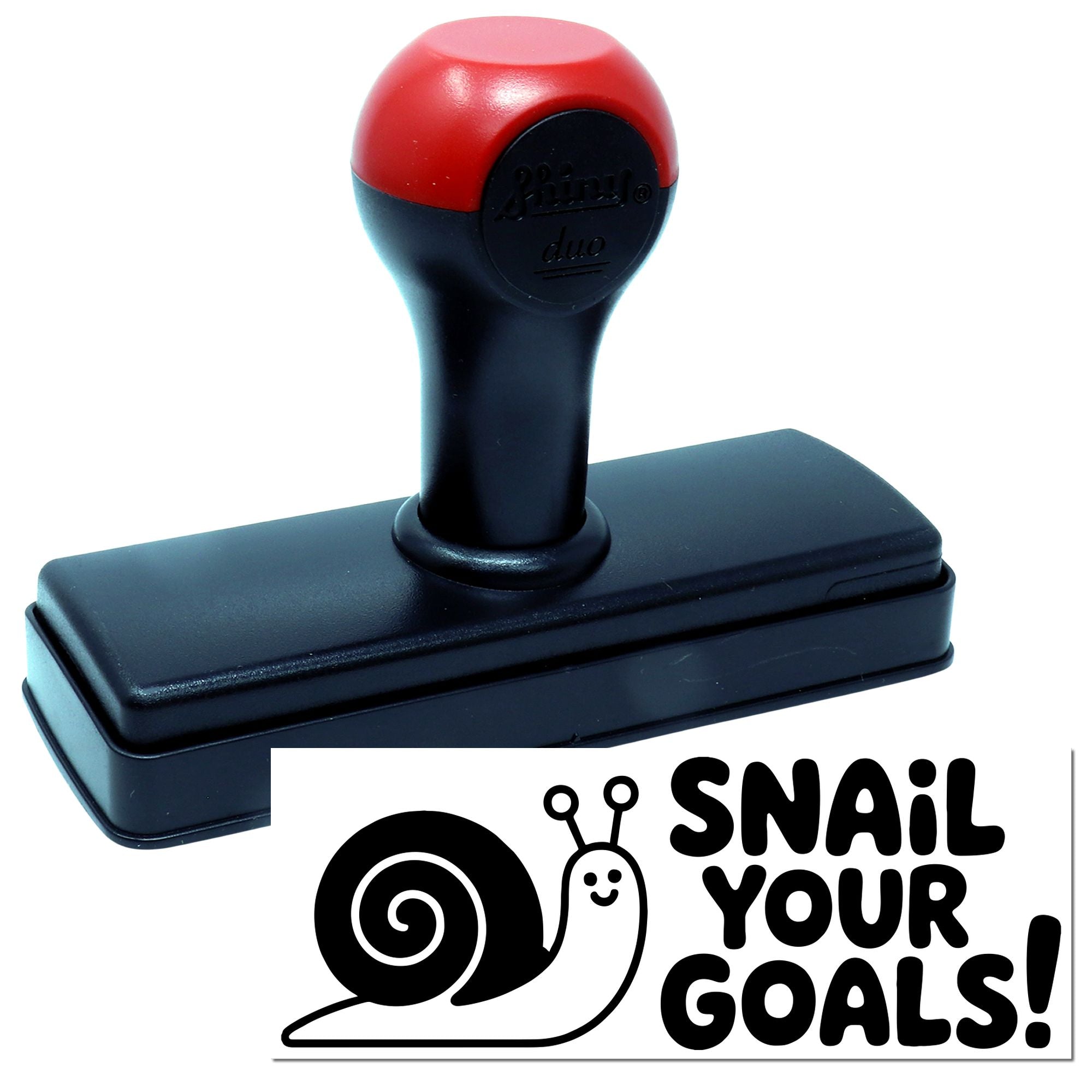 Self-inking rubber stamp with snail graphic and "Snail Your Goals!" text, ideal for custom motivational office use.