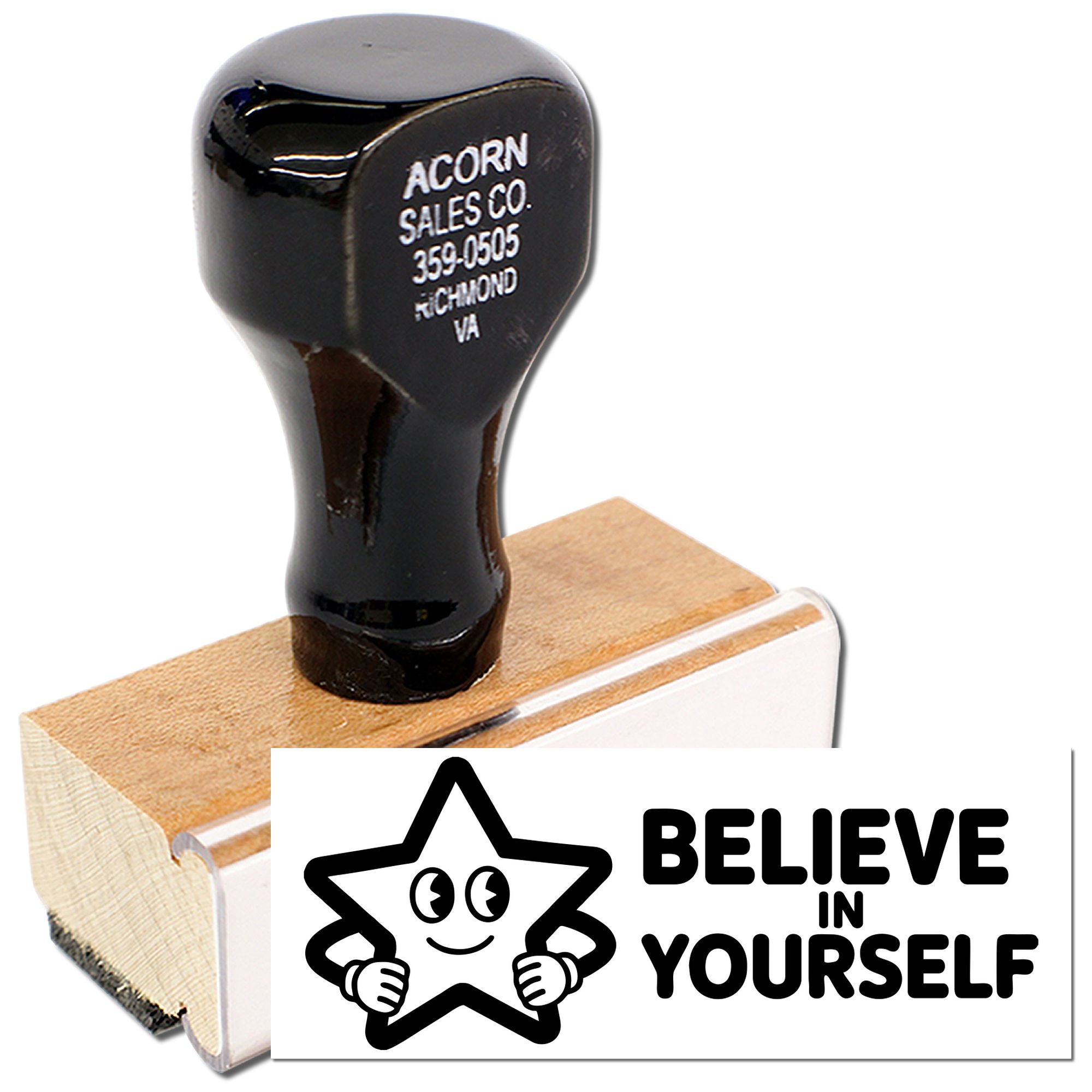 Custom rubber stamp with Believe in Yourself star design, featuring a wooden handle for motivational branding.