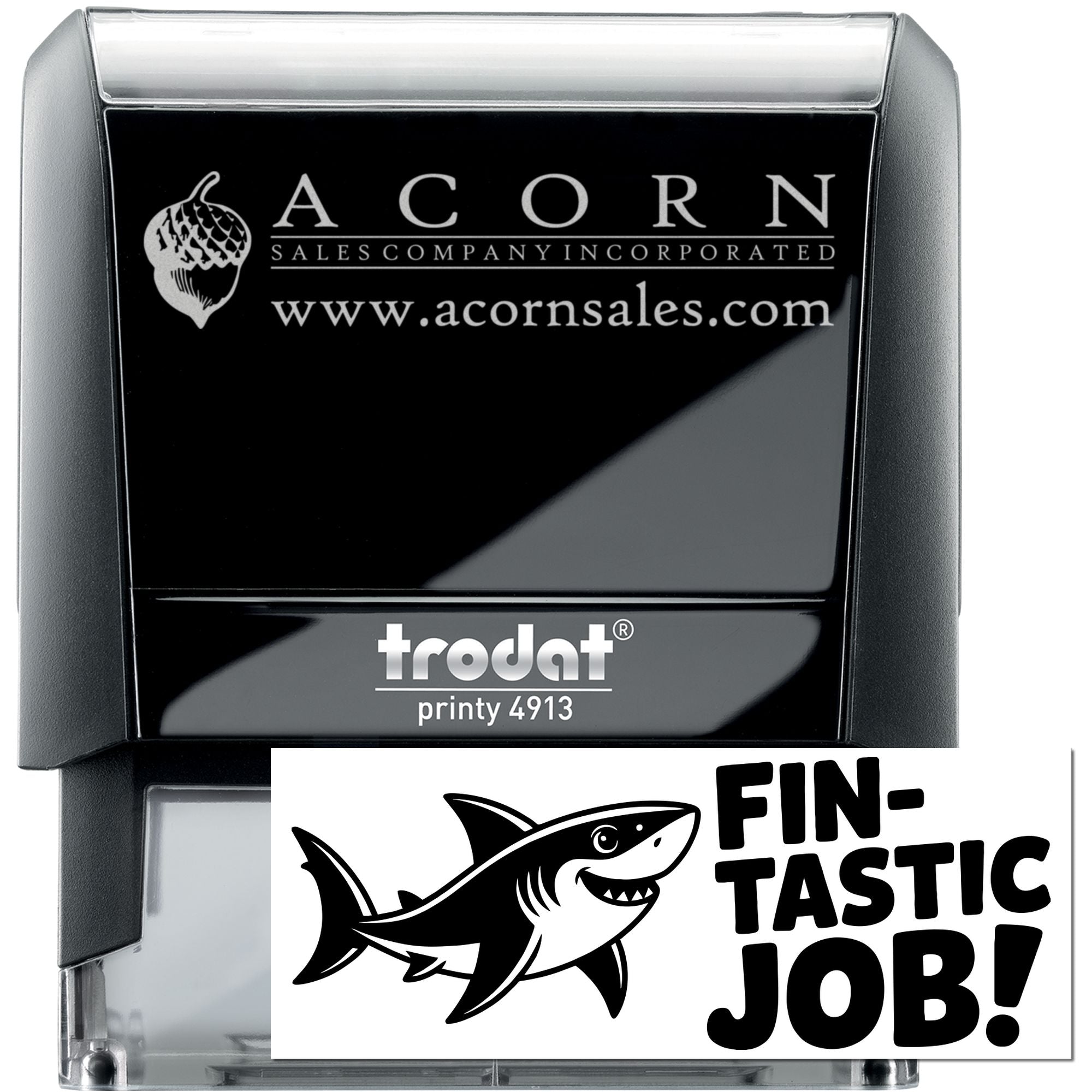 Trodat Printy 4913 custom self-inking rubber stamp with logo and shark Fin-Tastic Job! imprint for branding.