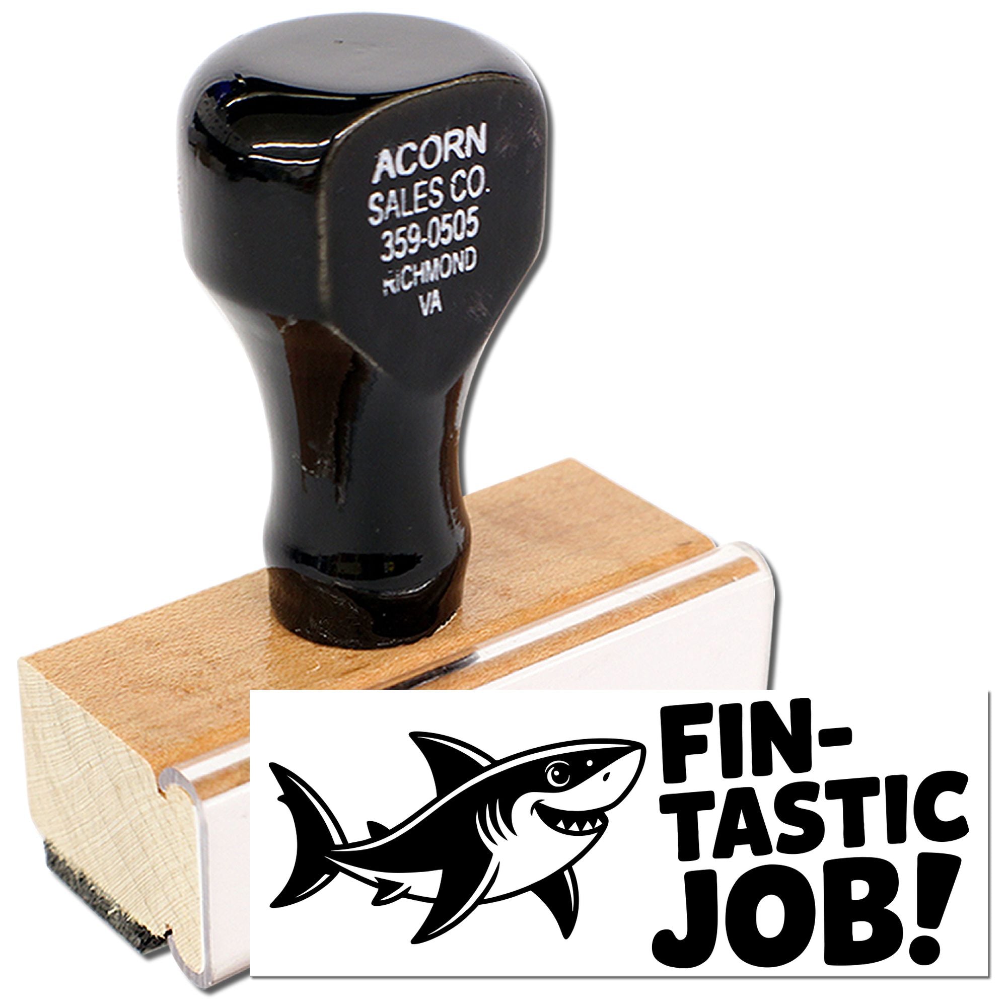 Custom rubber stamp with shark graphic and Fin-tastic Job! message for employee praise