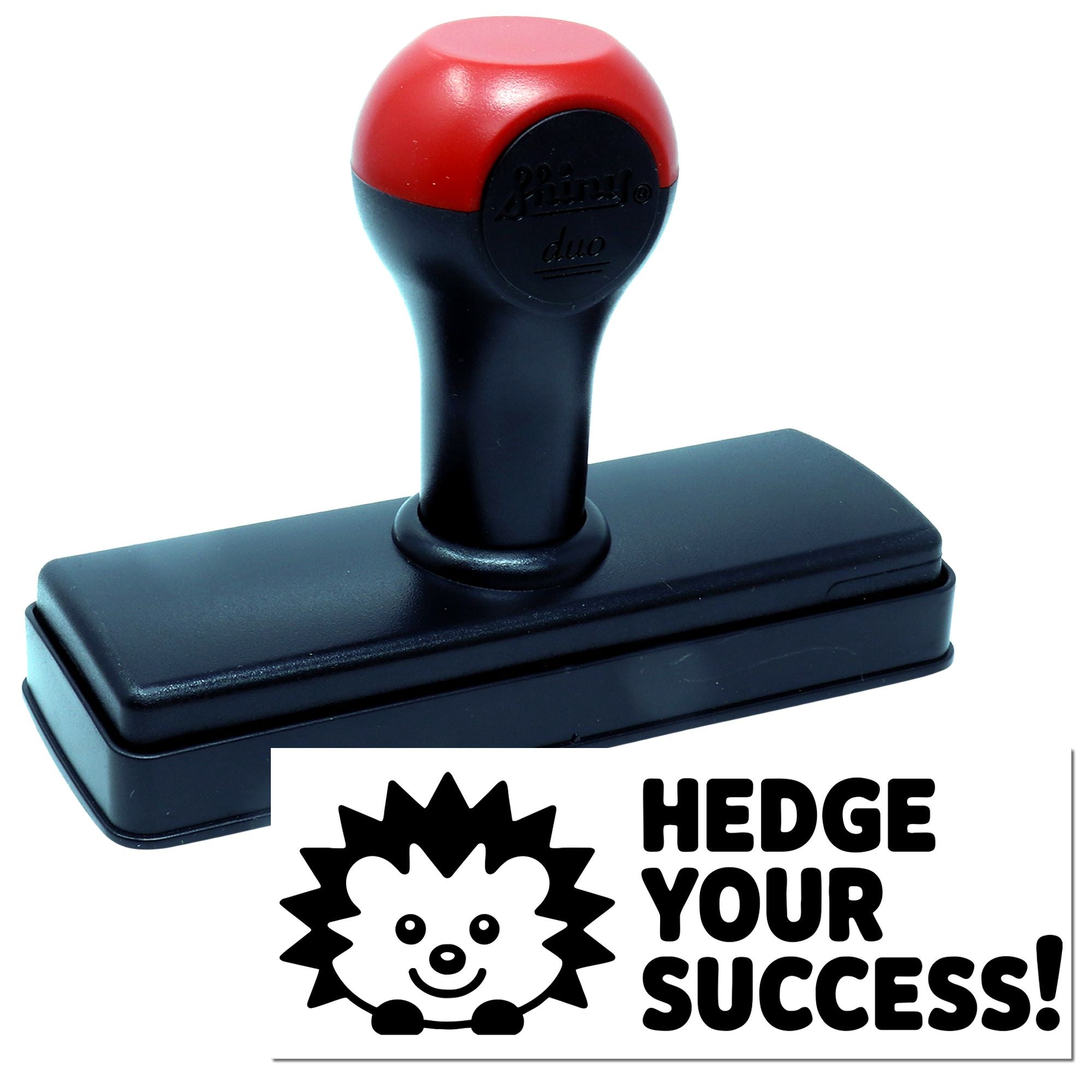 Self-inking rubber stamp with Hedge Your Success hedgehog design for business marketing and motivational branding.