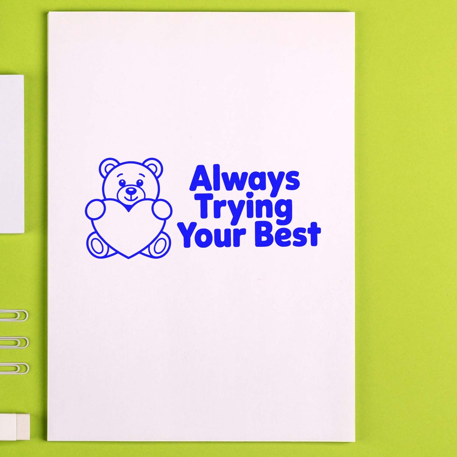 Always Trying Your Best teddy bear rubber stamp design for encouragement cards, journals, and planner pages.