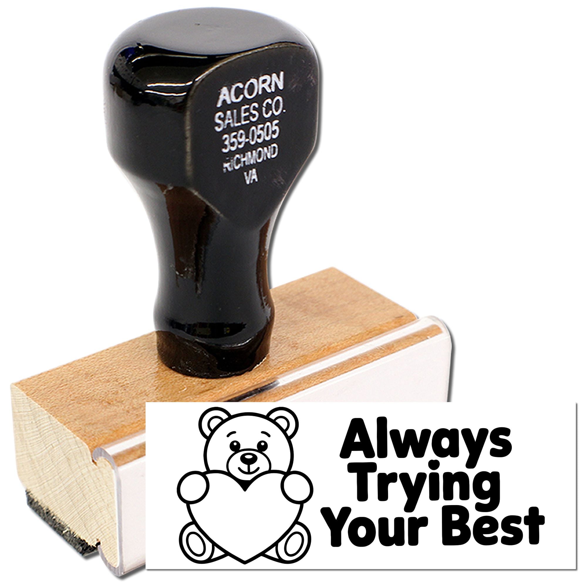 Custom rubber stamp with bear and Always Trying Your Best message for teacher rewards, encouragement, and classroom crafts.