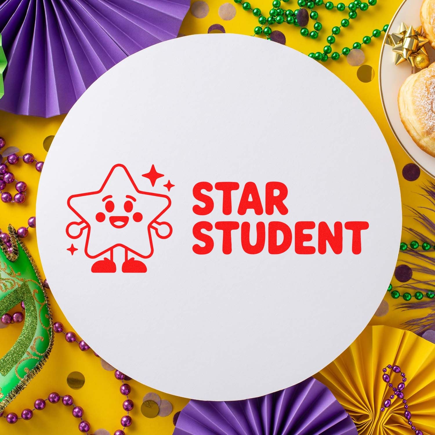 Red Star Student teacher rubber stamp design with cute star character for classroom rewards and student encouragement.