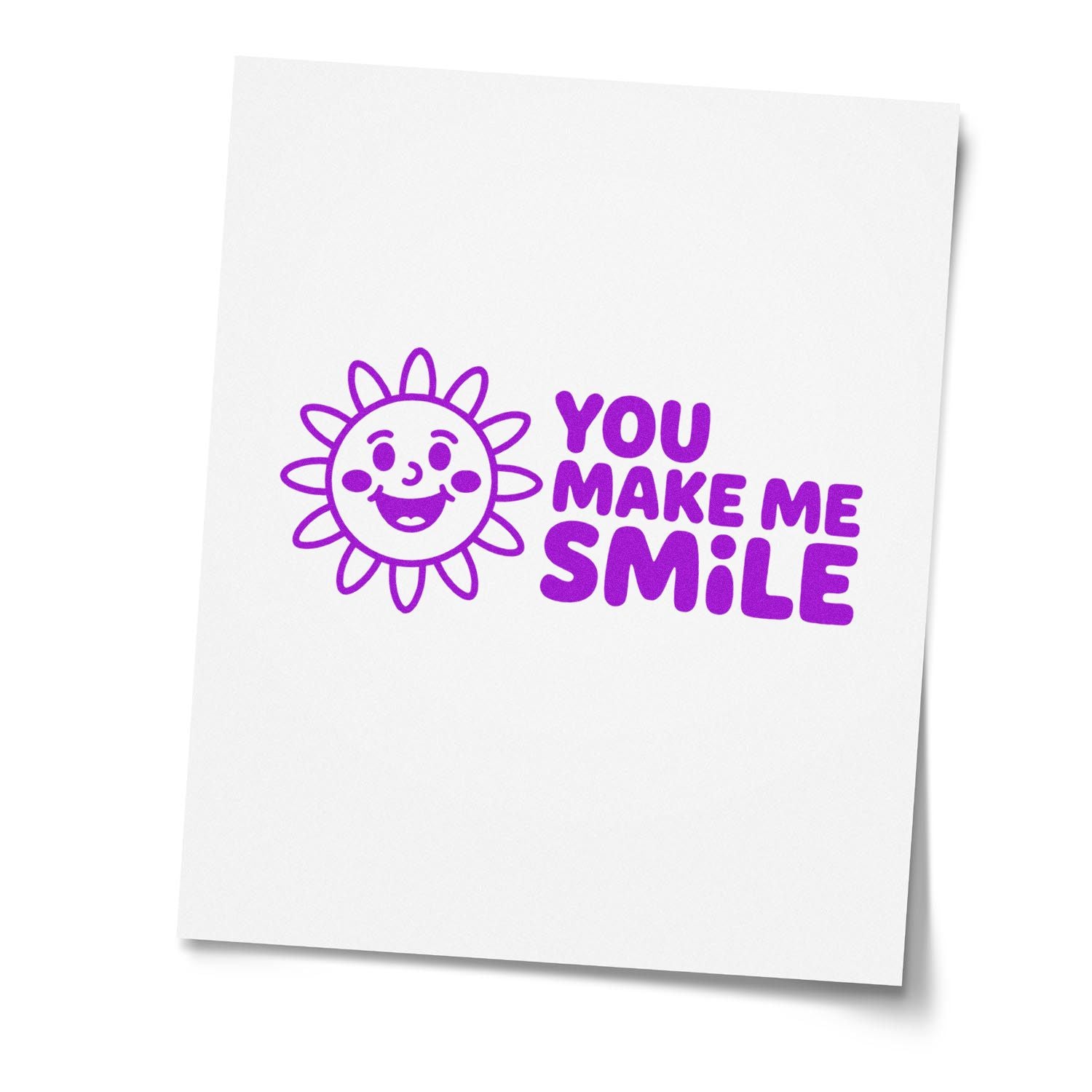 Purple You Make Me Smile sun rubber stamp design on white card, perfect for cheerful handmade greeting cards and crafts.