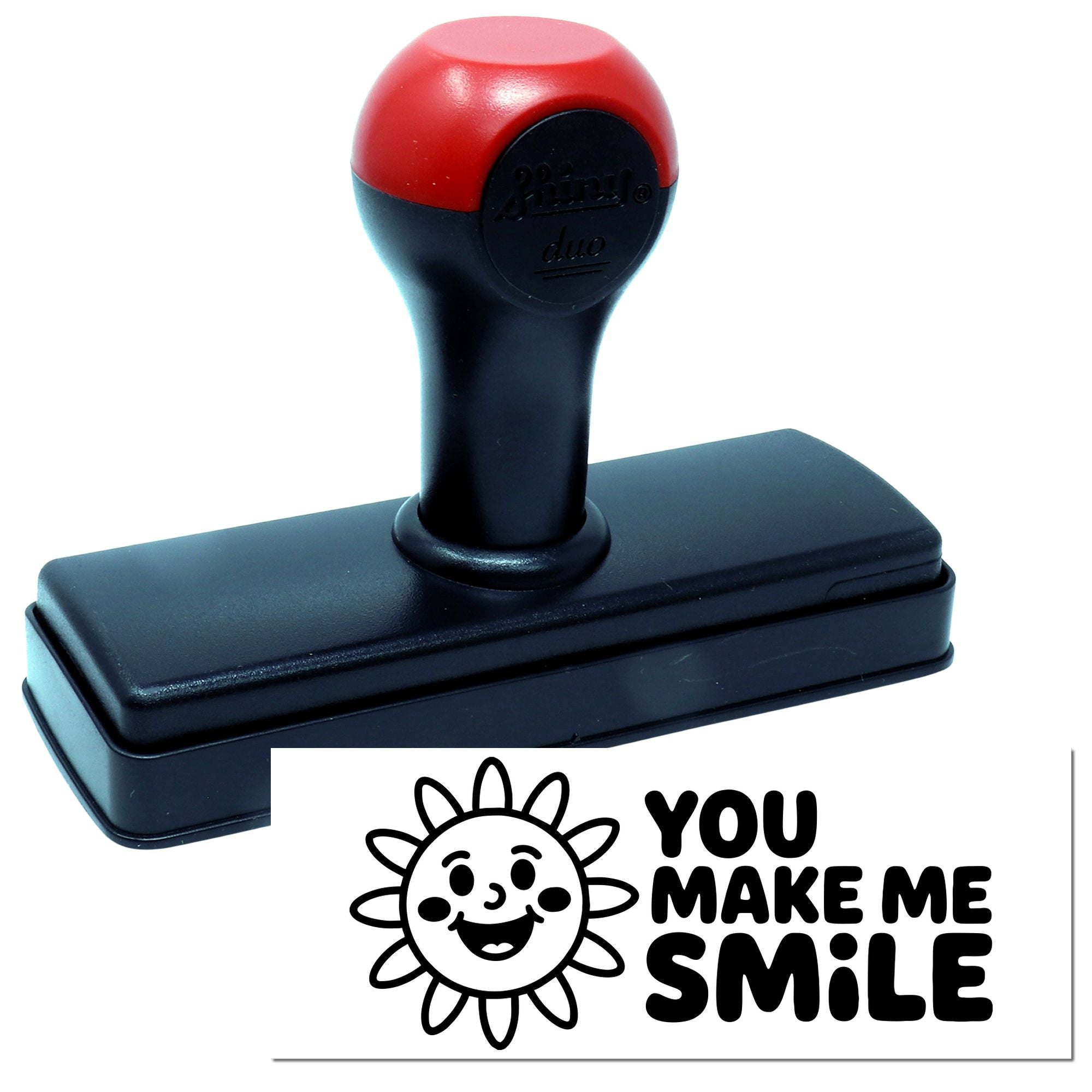 Self-inking rubber stamp with You Make Me Smile sun design for cheerful custom business or craft stamping.