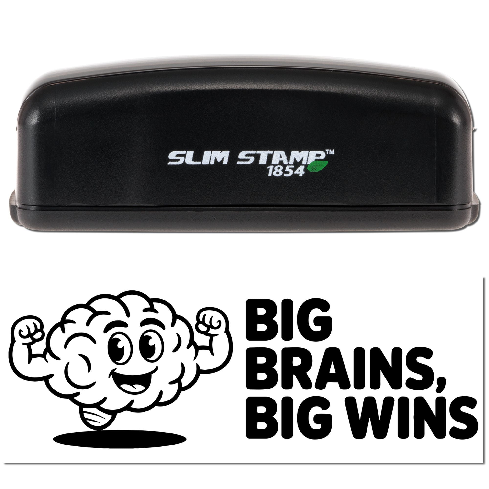 Slim Stamp 1854 self-inking rubber stamp with custom Big Brains, Big Wins brain design imprint.