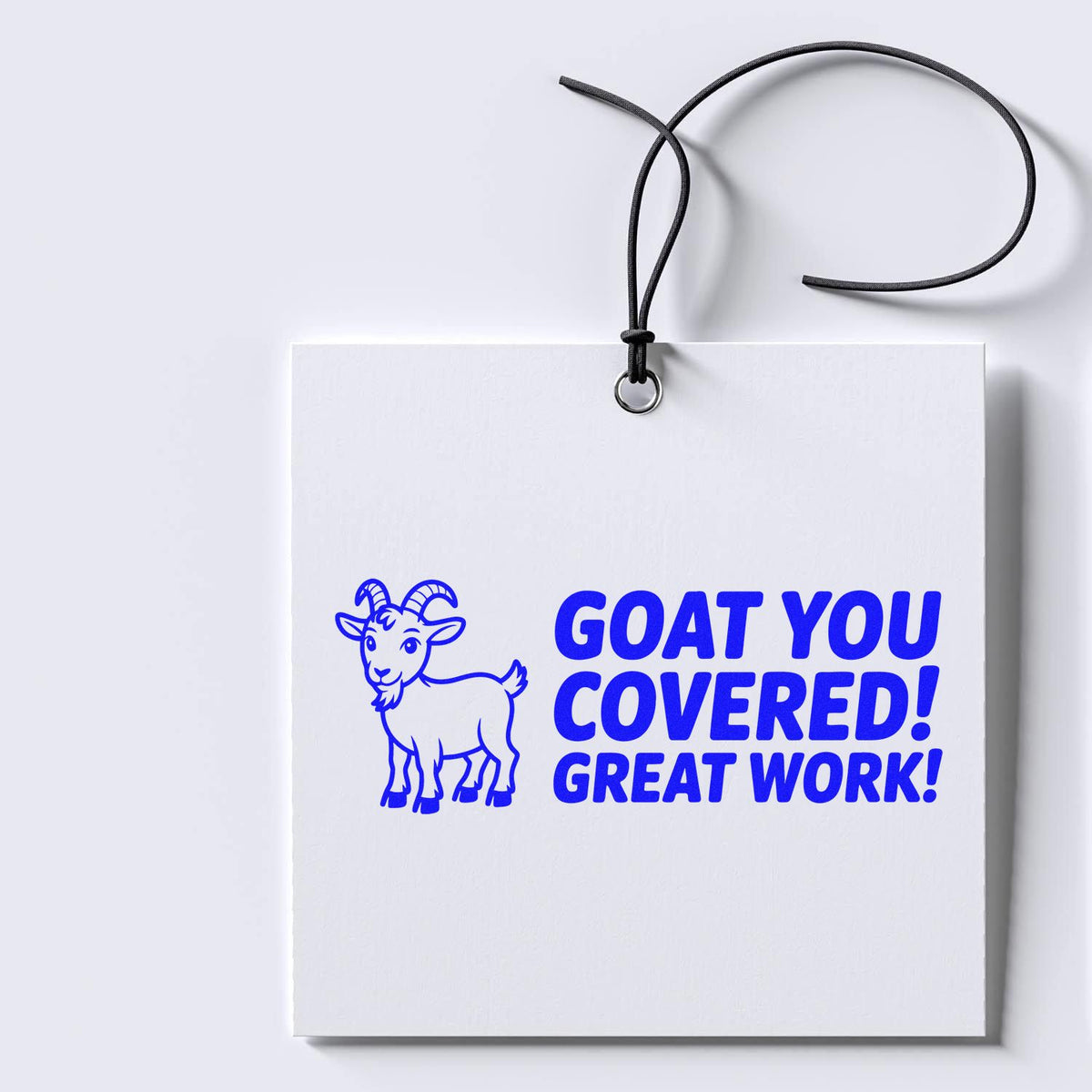 GOAT You Covered Great Work rubber stamp design with blue goat illustration on hanging card.