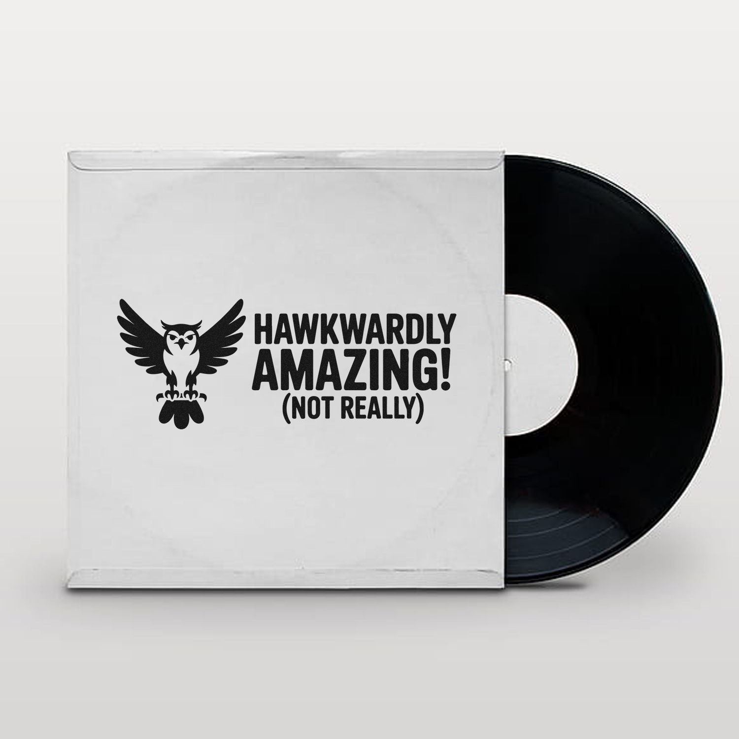 Hawk-themed rubber stamp design mockup with Hawkkwardly Amazing! (Not Really) for funny cards and craft projects.