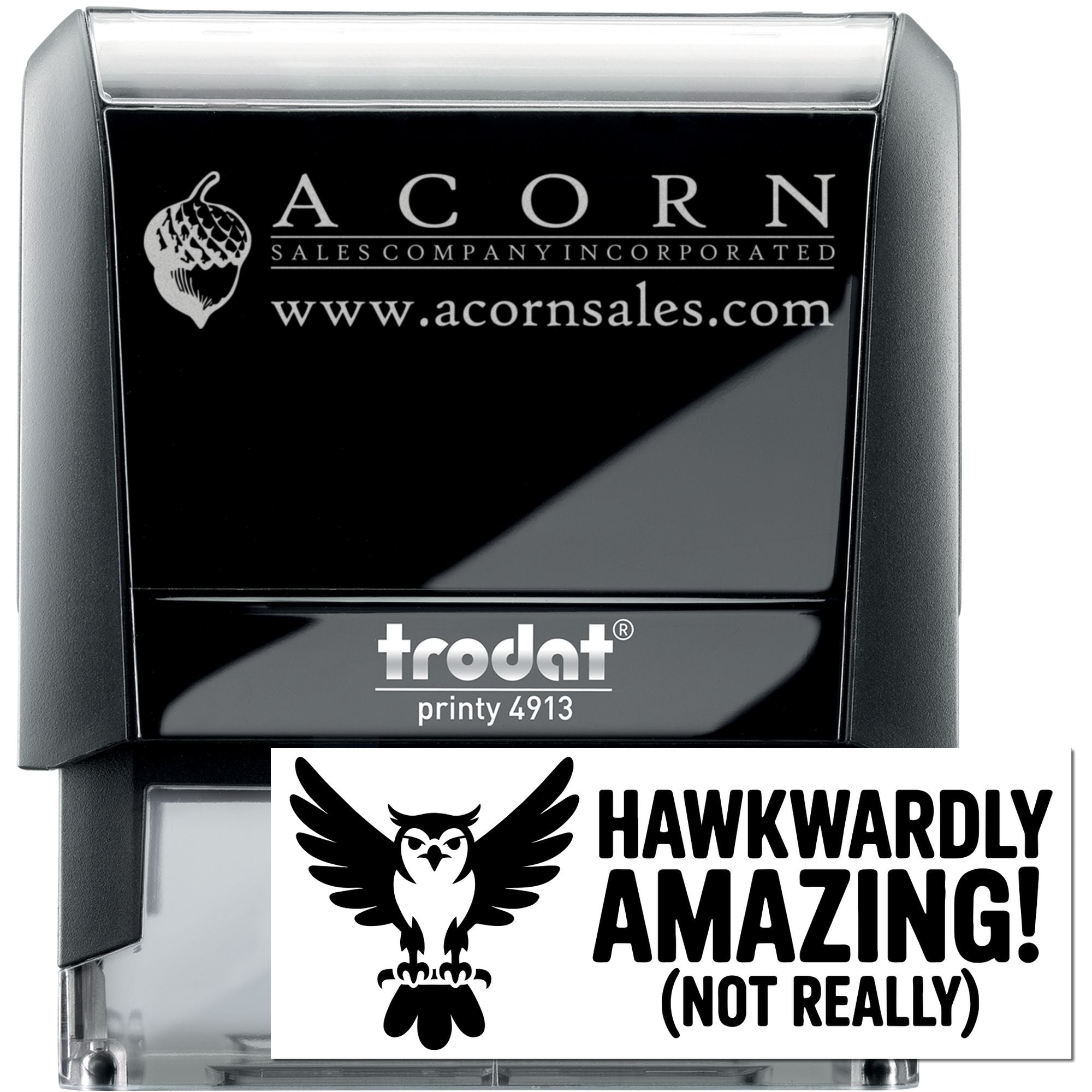 Custom self-inking rubber stamp with Acorn Sales Company logo and Hawkwardly Amazing owl design, Trodat Printy 4913.