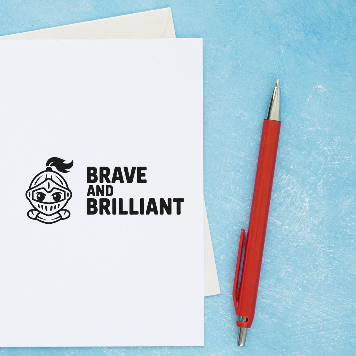 Brave and Brilliant rubber stamp for teachers, featuring a knight design and motivational message on a card.