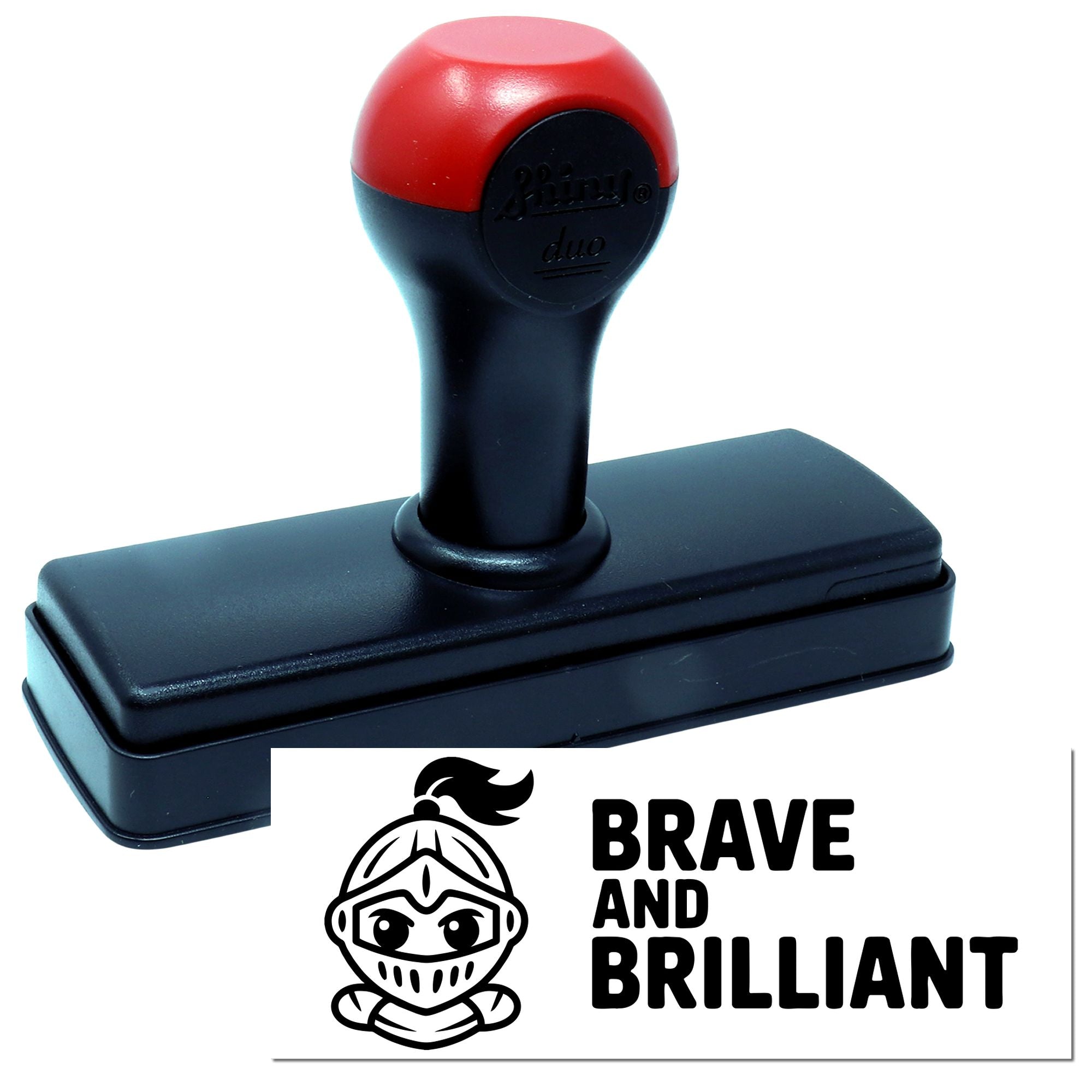 Custom self-inking rubber stamp with Brave and Brilliant knight design, ideal for teacher rewards, classroom use, or crafts.