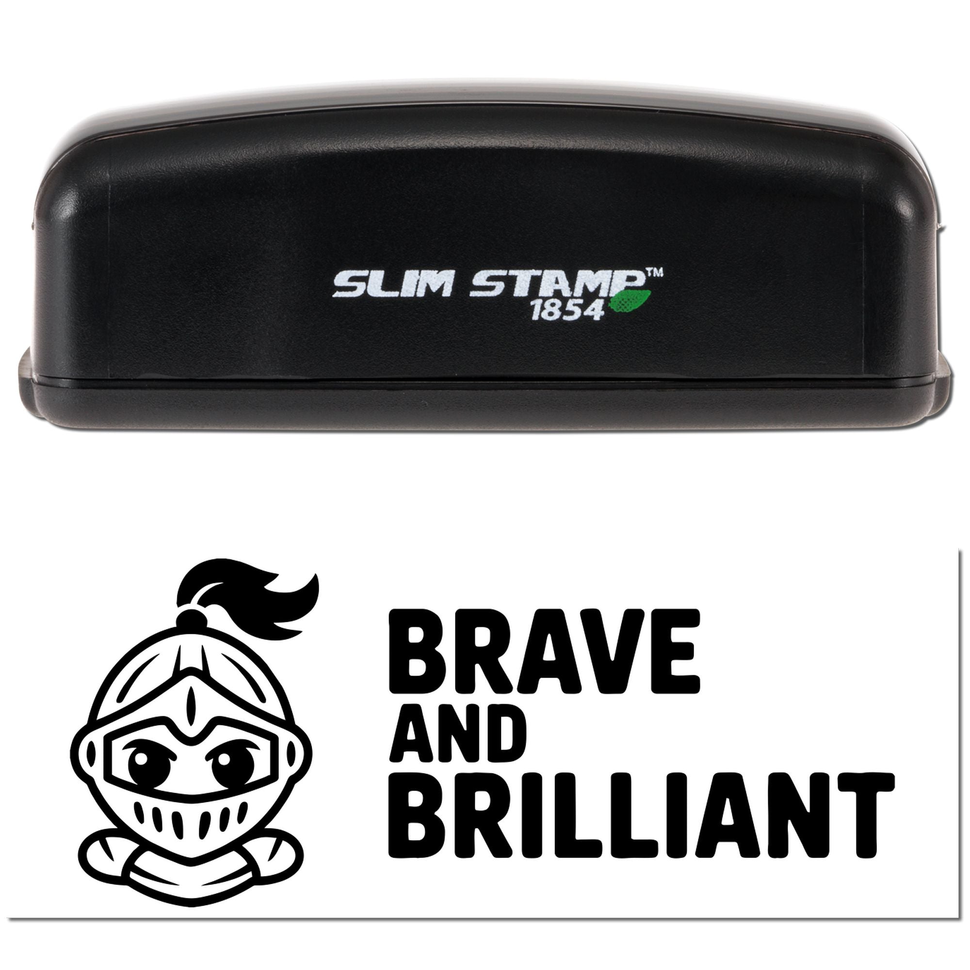 Slim Stamp 1854 self-inking rubber stamp with Brave and Brilliant knight design for custom motivational stamping.