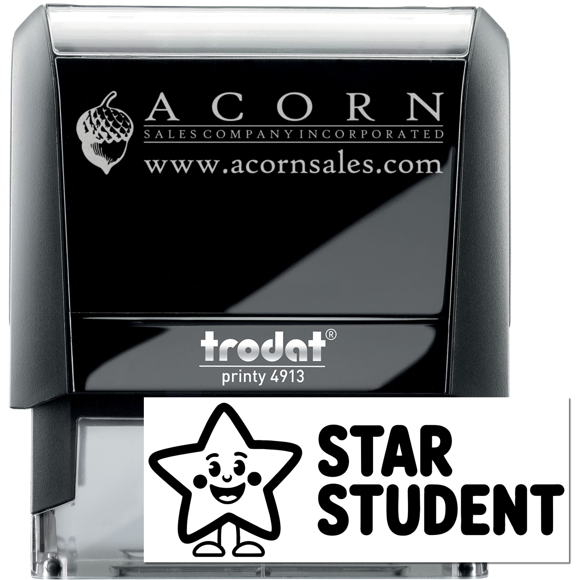 Custom self-inking rubber stamp, Trodat Printy 4913, with Acorn Sales logo and Star Student design.