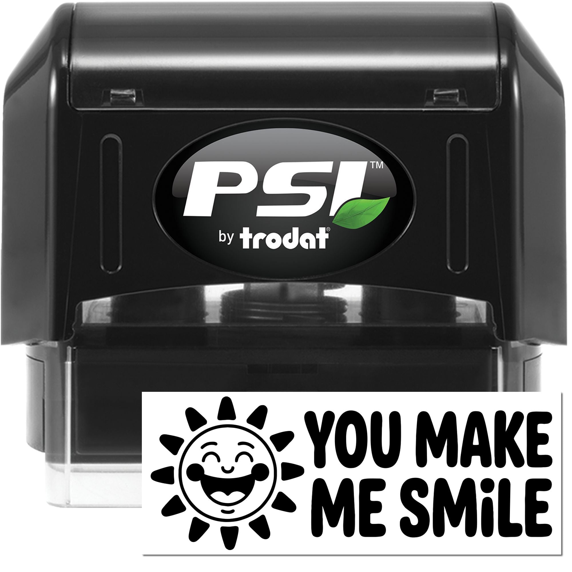 PSI by Trodat self-inking rubber stamp with smiling sun and "You Make Me Smile" imprint for personalized crafts and gifts.