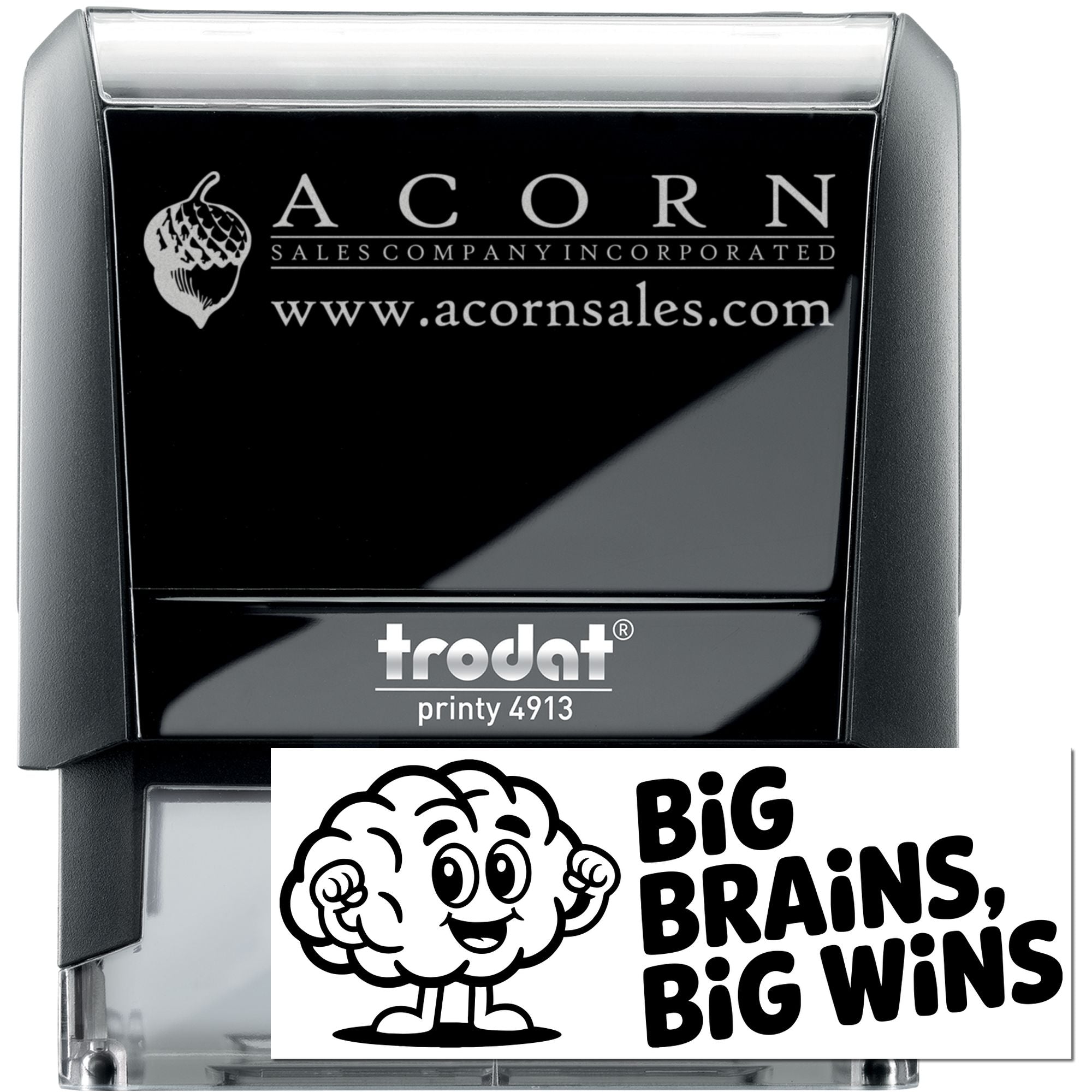 Custom self-inking business logo rubber stamp with Acorn Sales Company website, Trodat Printy 4913, plus brain-themed sample.