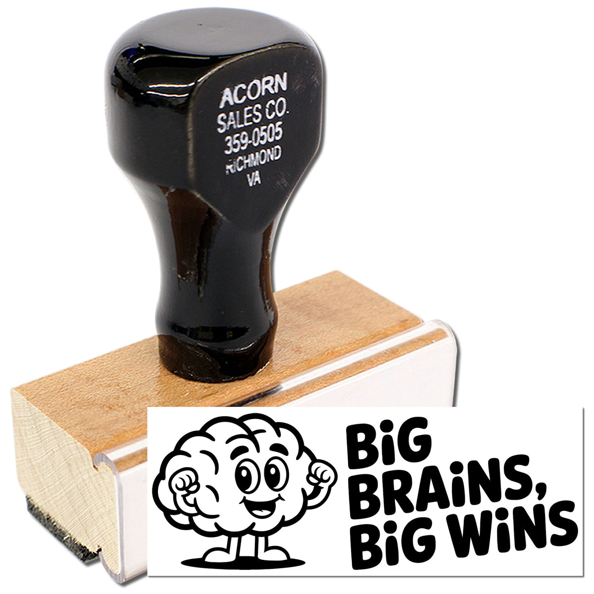 Custom rubber stamp featuring Big Brains, Big Wins artwork for business branding, packaging, and promotional use.