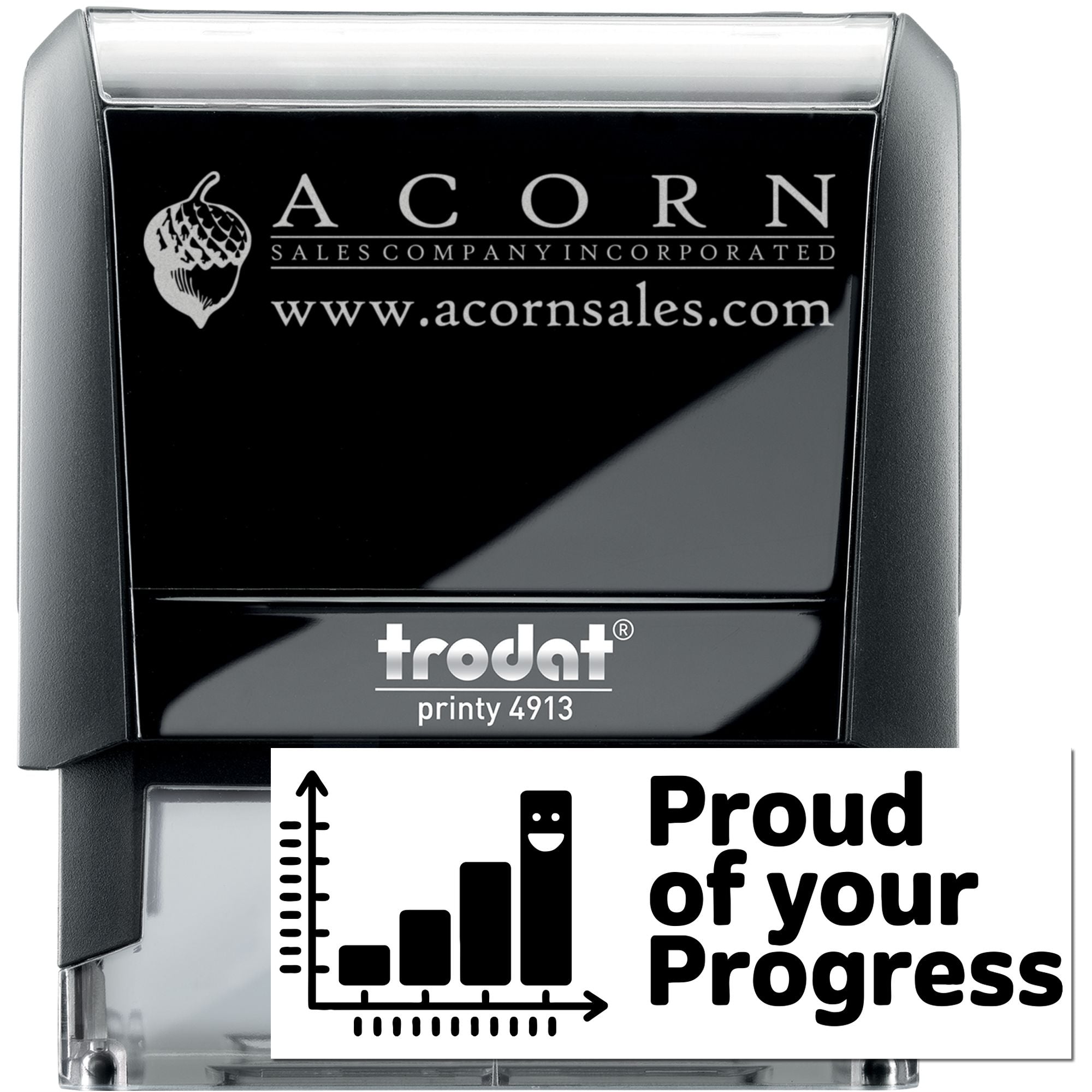 Custom self-inking rubber stamp Trodat Printy 4913 with Acorn Sales logo and website for business branding.