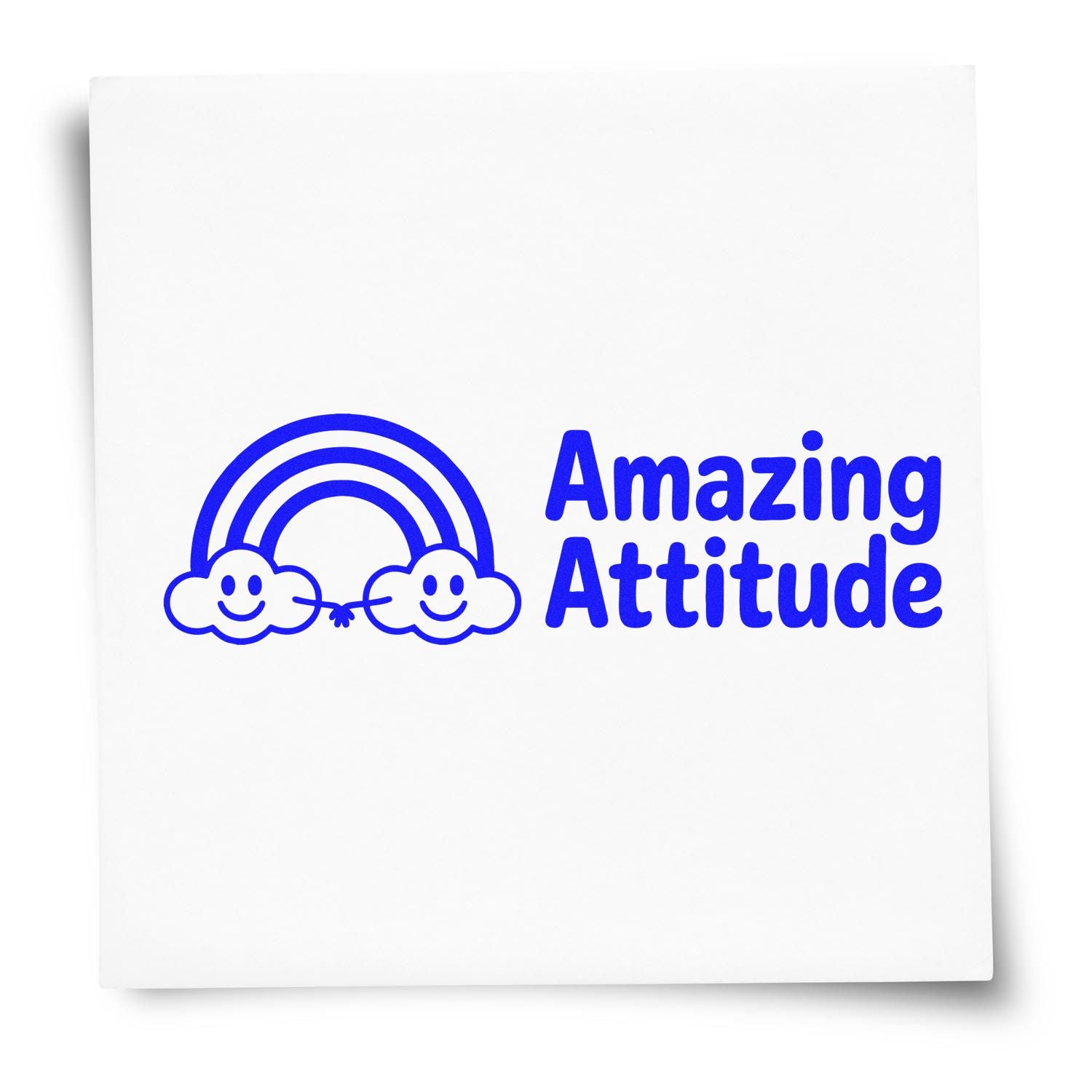 Blue Amazing Attitude rubber stamp design with smiling rainbow cloud icon for positive teacher, reward, or office marking.
