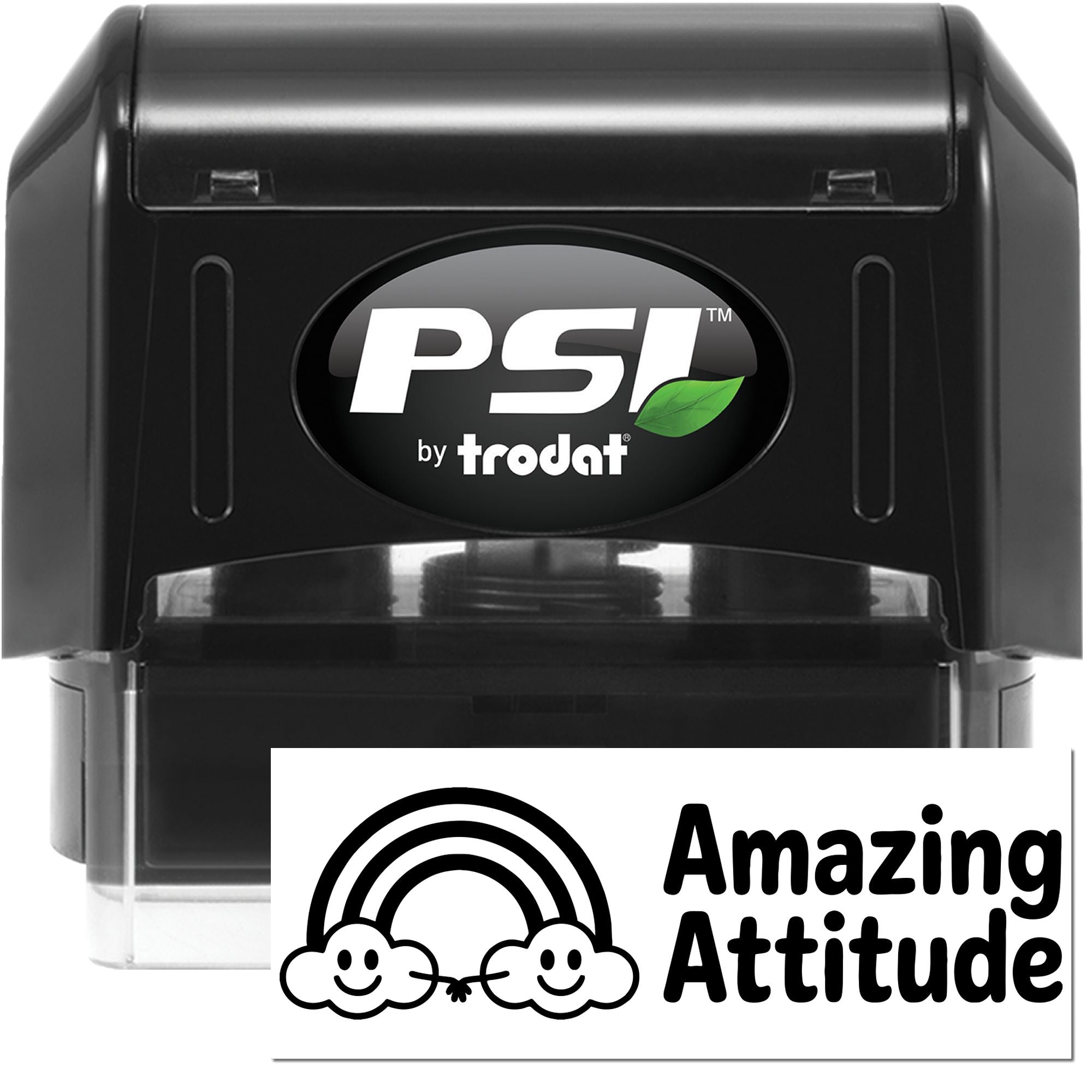 PSI by Trodat self-inking rubber stamp with Amazing Attitude rainbow cloud artwork for motivational custom branding.