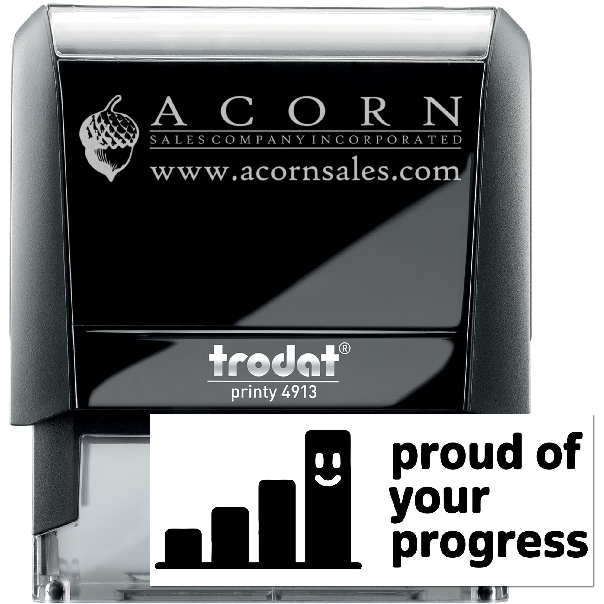 Custom logo rubber stamp: Trodat Printy 4913 self-inking stamp with Acorn Sales Company name and website for branded business use.