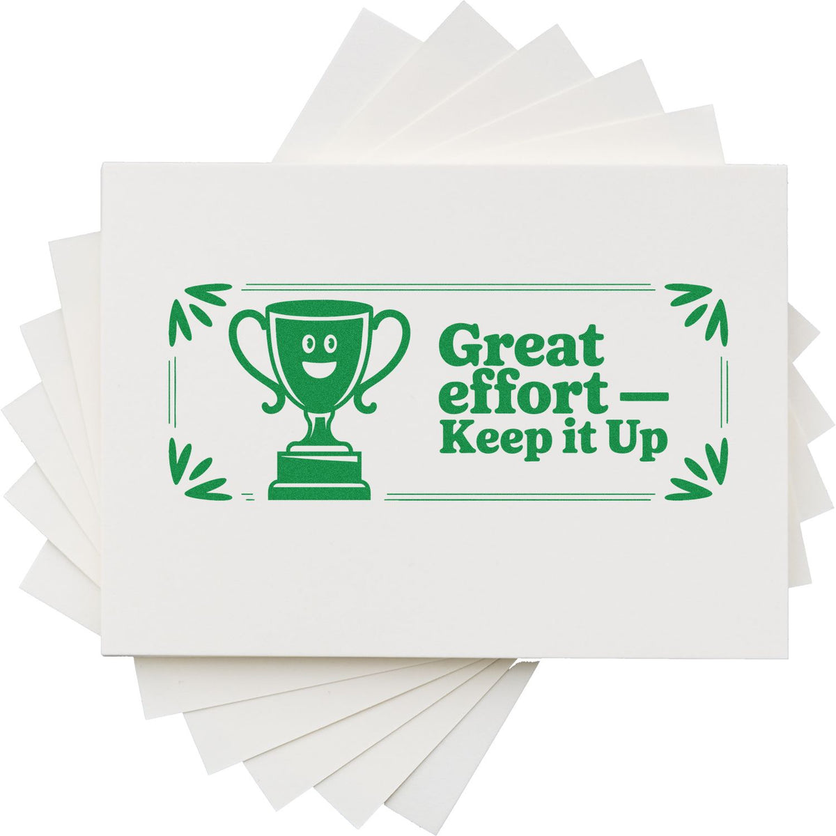 Green motivational rubber stamp with trophy icon and Great effortKeep it Up text for classroom encouragement.