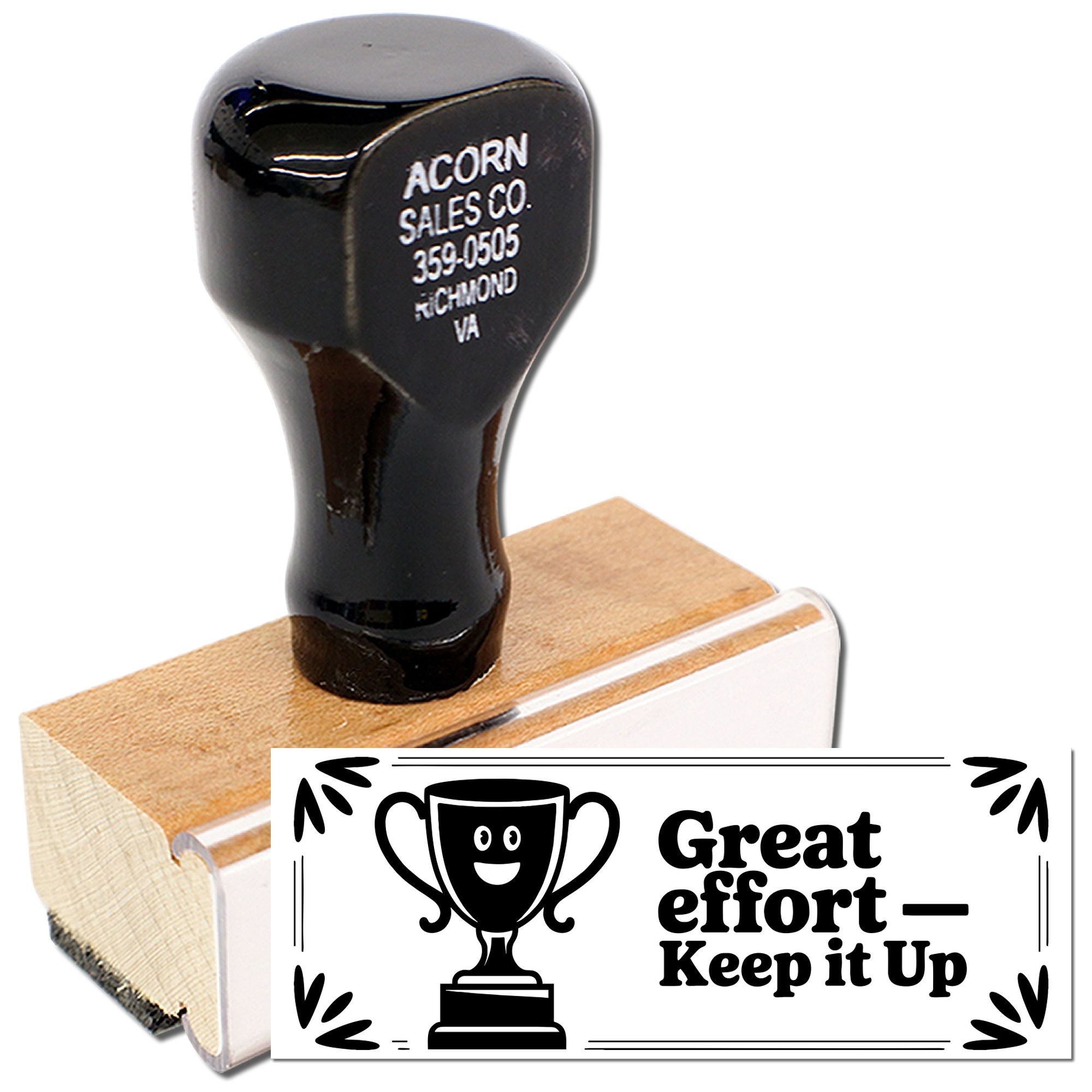 Custom wood handle rubber stamp with motivational Great effortKeep it Up imprint for teacher rewards and office use.
