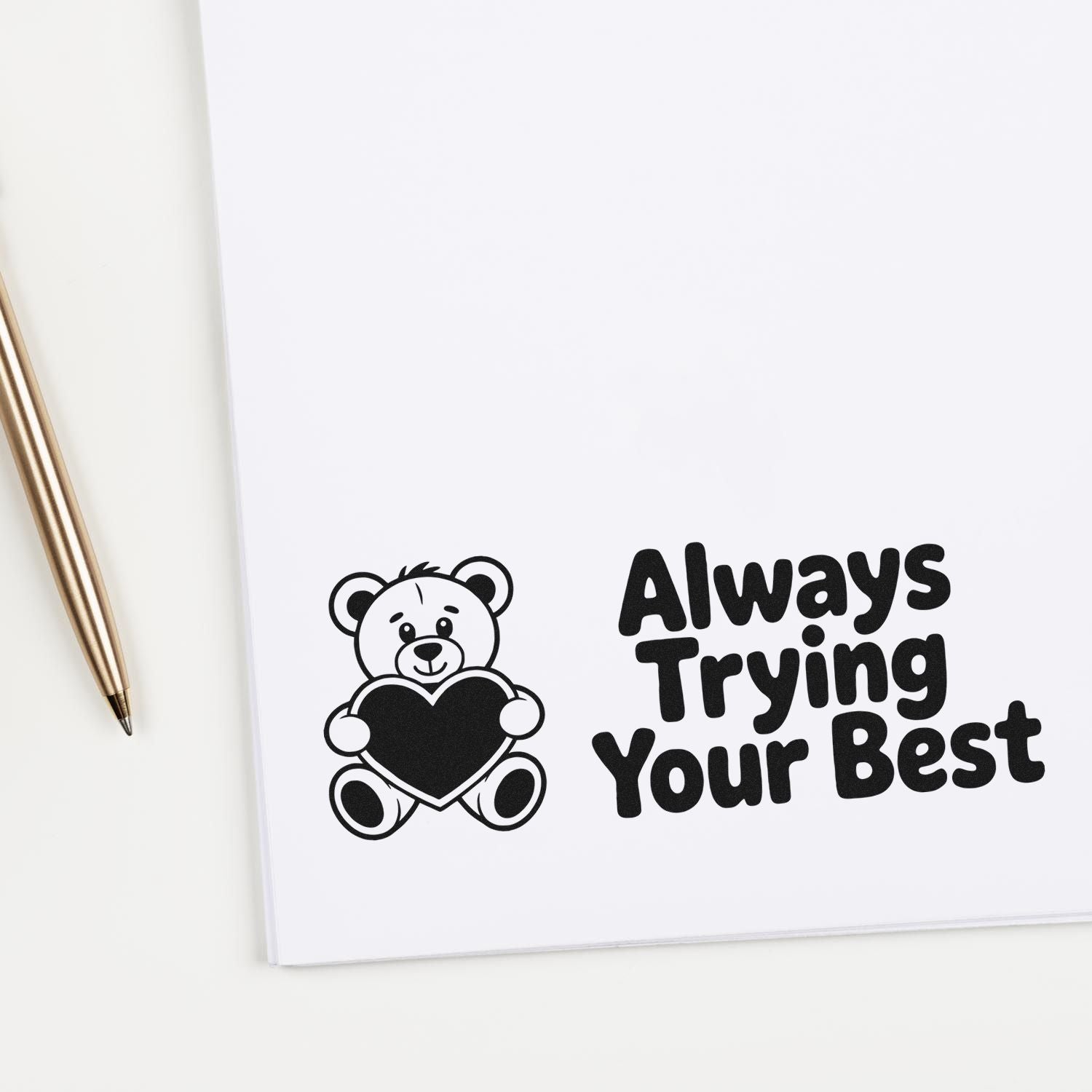 Teddy bear holding heart with Always Trying Your Best rubber stamp for encouragement cards, journals, and scrapbook crafts.