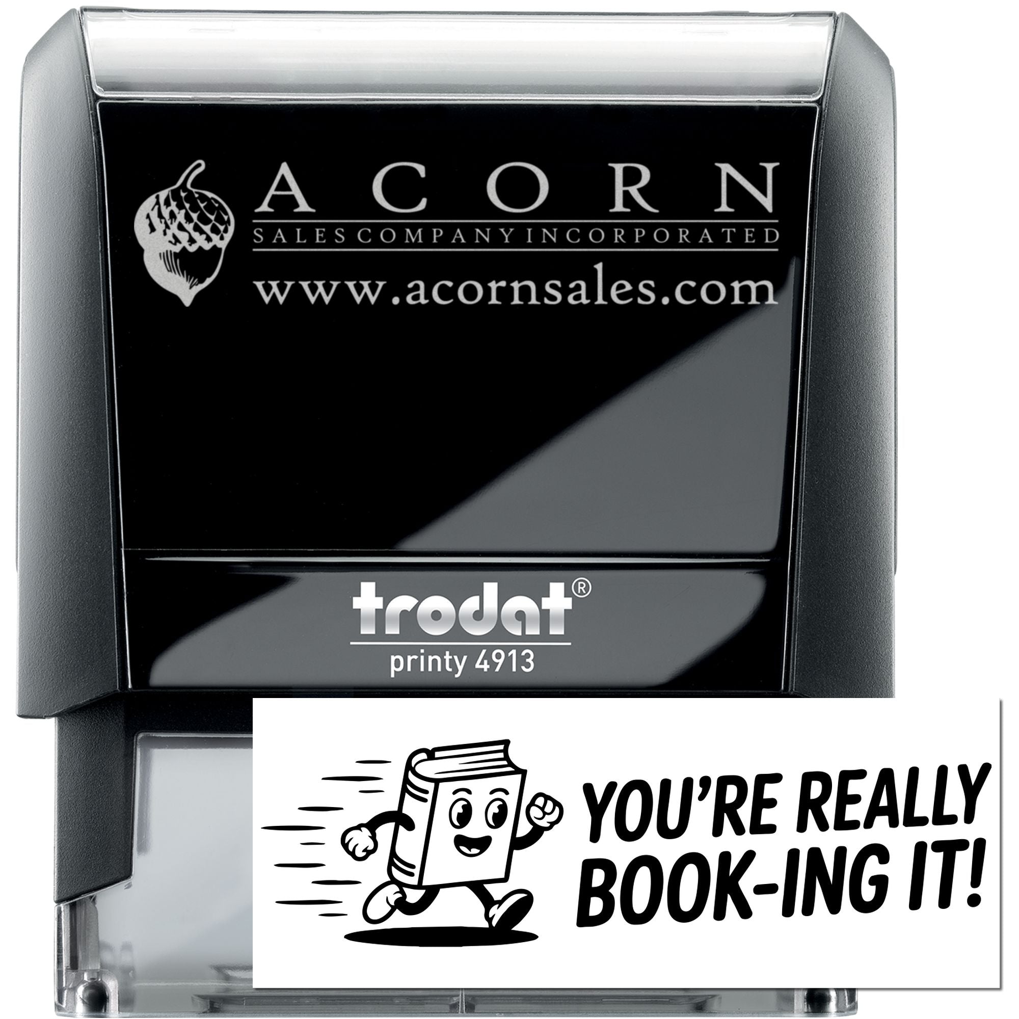 Custom self-inking rubber stamp with logo and Youre really book-ing it! design, ideal for business branding and promotions.