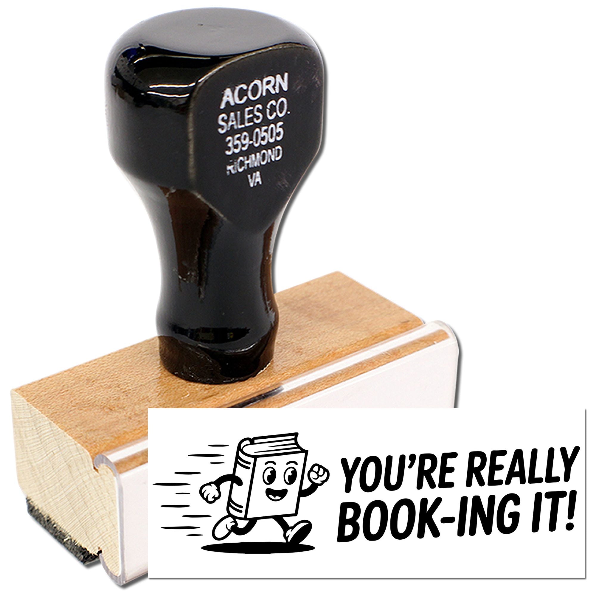 Custom rubber stamp with running book graphic and Youre really book-ing it! text for bookstore or office promotions.