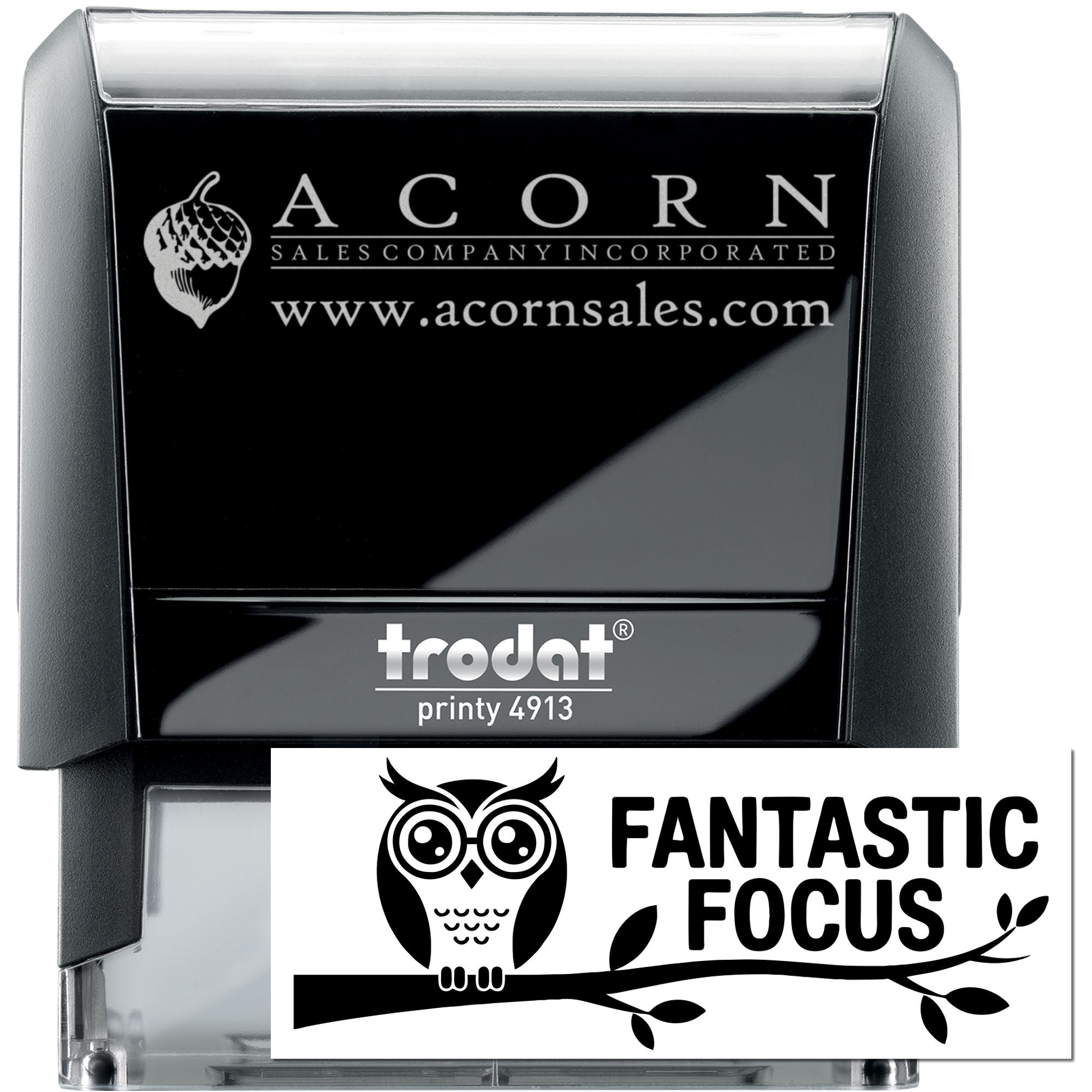 Trodat Printy 4913 custom self-inking rubber stamp with personalized Acorn Sales logo and website text.
