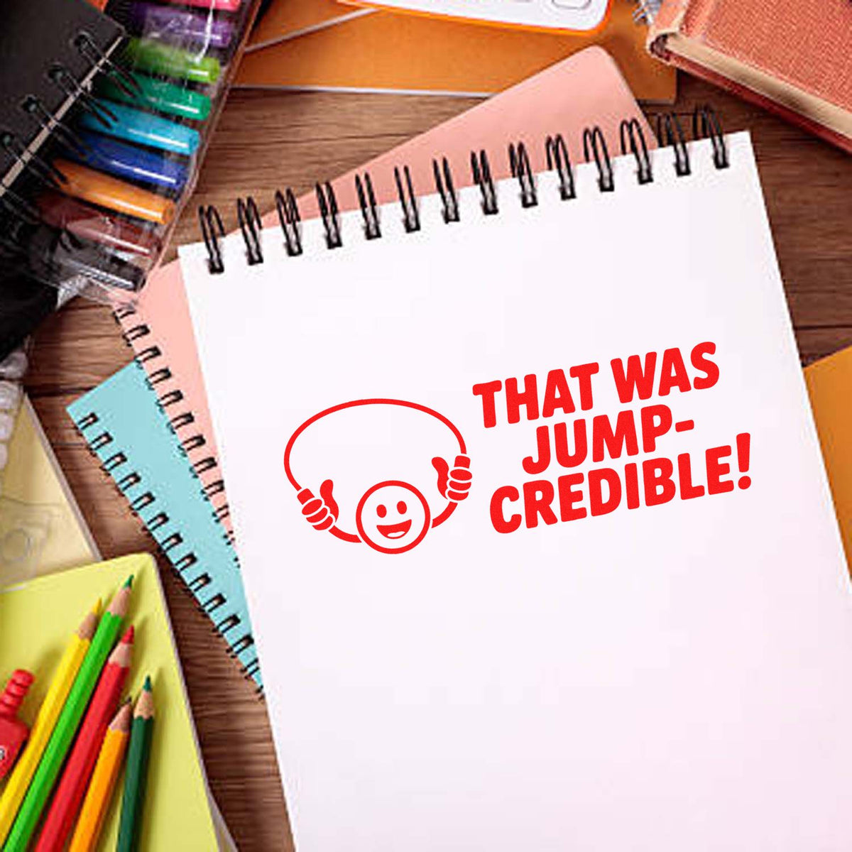 That Was Jump-Credible! teacher rubber stamp design with smiley jump rope icon, perfect for school reward notes.