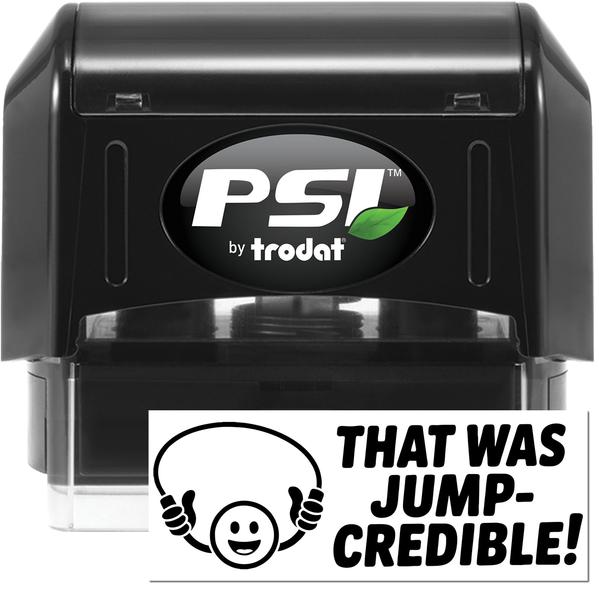 PSI by Trodat rubber stamp with That Was Jump-Credible! imprint for gymnastics coaching and achievement recognition.