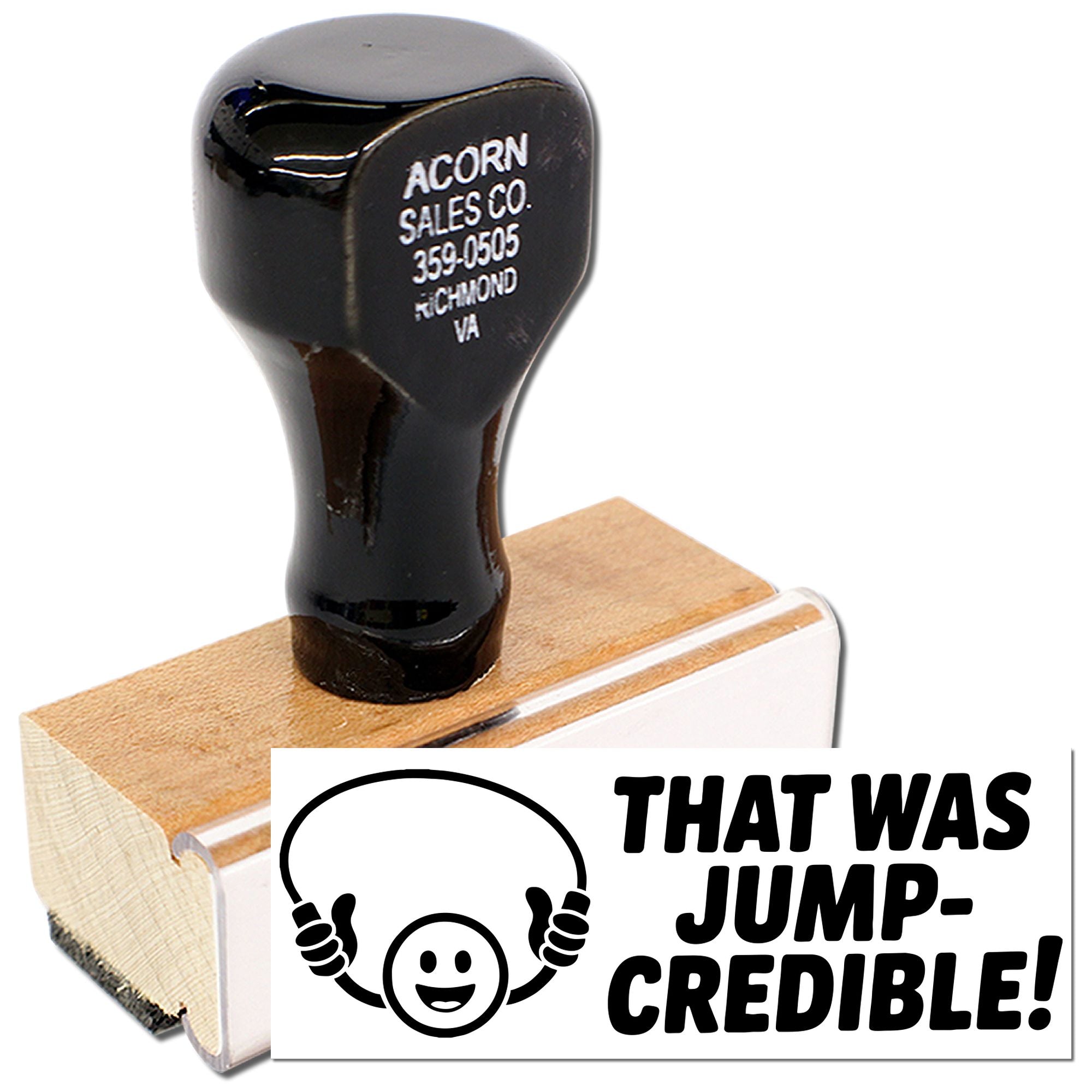 Custom rubber stamp with playful That Was Jump-Credible! design for business branding, awards, or fun office marking.