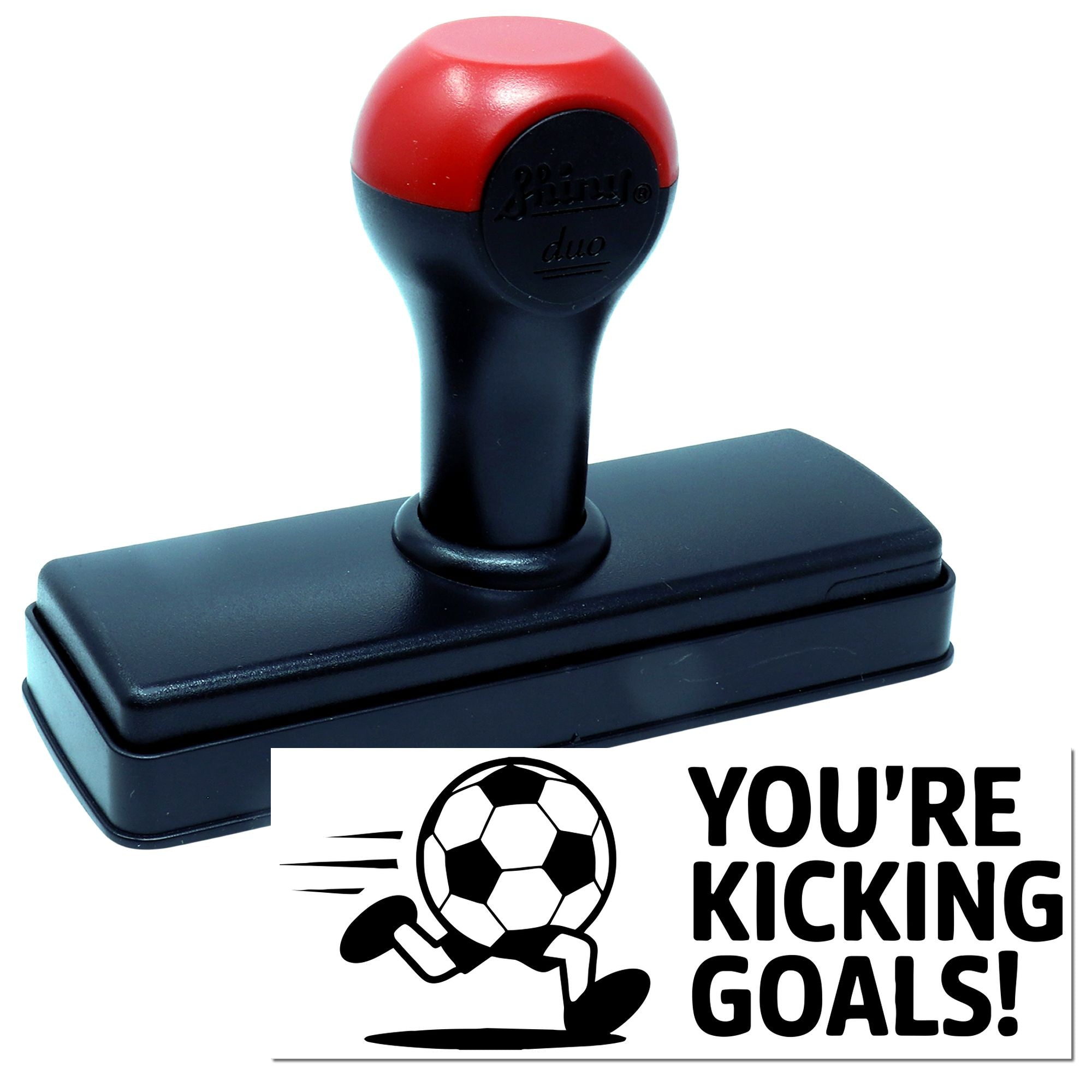 Custom self-inking soccer rubber stamp with Youre Kicking Goals! message for coaches, team awards, and sports crafts.