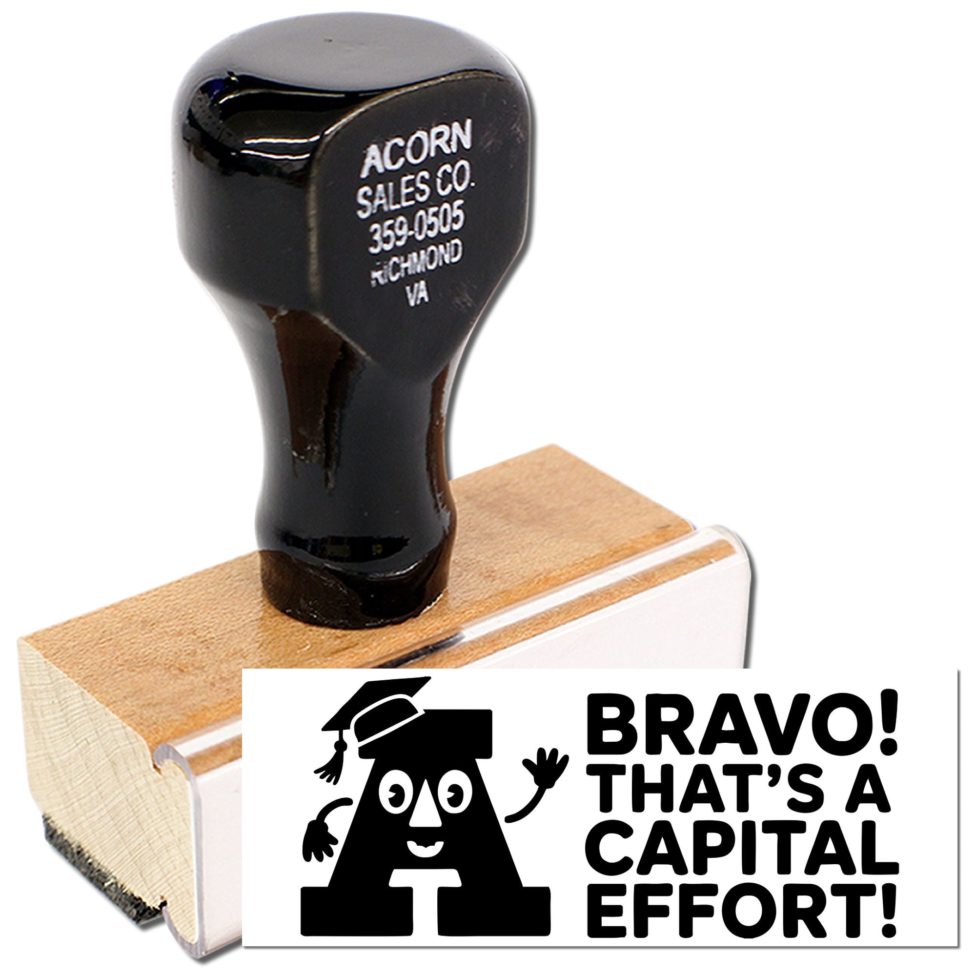 Bravo Thats a Capital Effort rubber stamp for classroom grading and praise, featuring a fun alphabet-themed design.