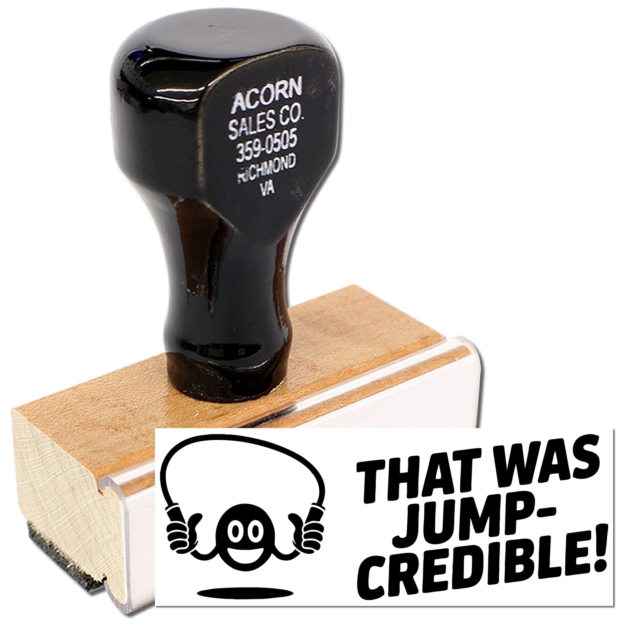 Custom rubber stamp with That Was Jump-Credible! design, ideal for fun branding and promotional stamping.